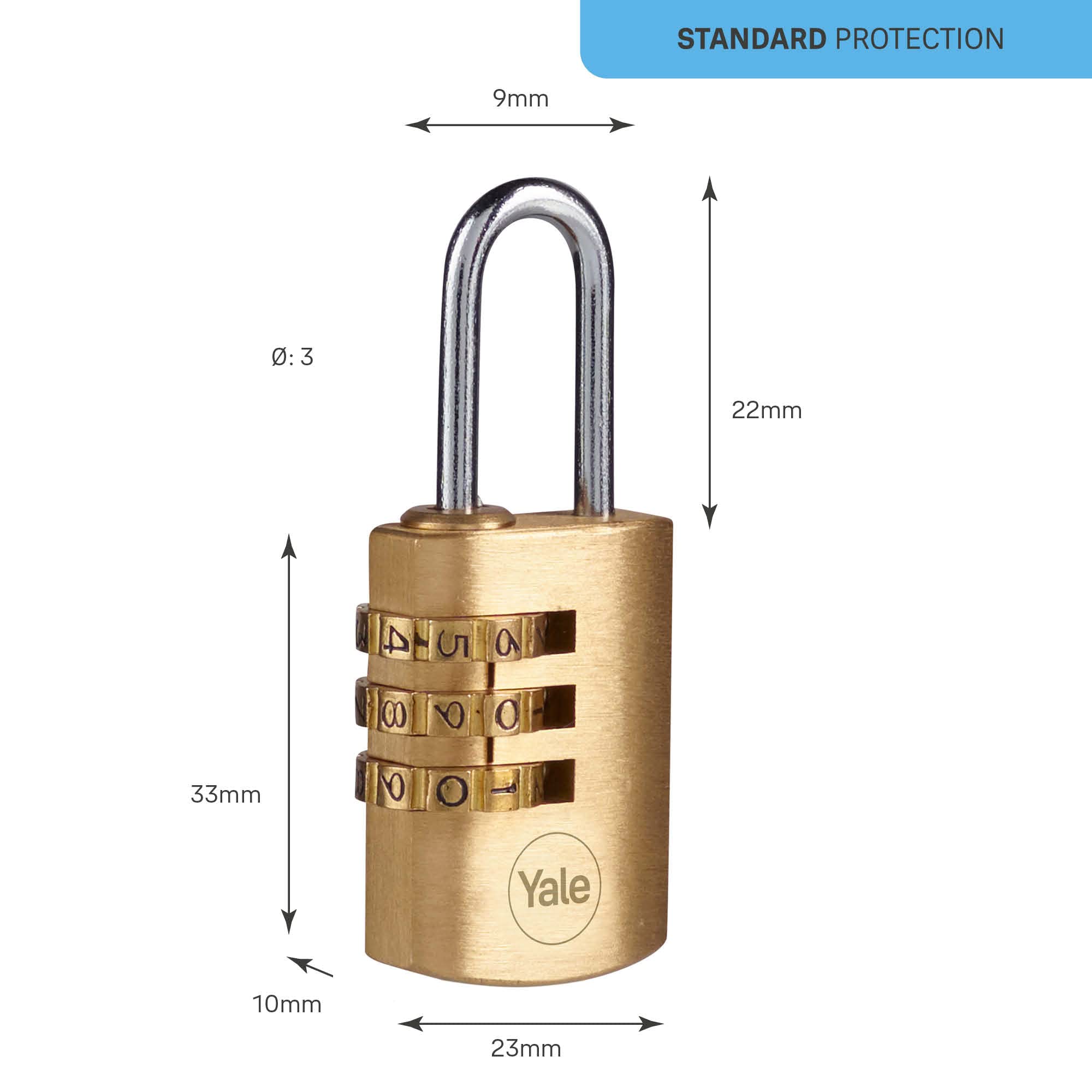 Yale Y150B/22/120/1 Brass Combination Padlock - 22mm Standard Security Lock with 3-Dial Steel Shackle - Perfect for Lockers, Toolboxes & Storage Units