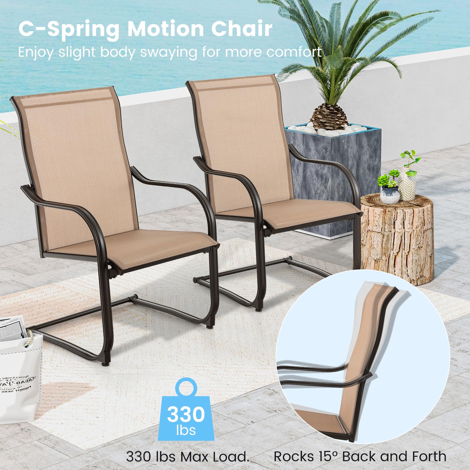 Tangkula 2-Piece Outdoor Dining Chairs Set - Patio C-Spring Motion Chairs with Breathable Fabric & Heavy-Duty Metal Frame - Comfortable High Back Chairs for Backyard, Porch, Poolside, Garden (Brown) - Perfect for Relaxing, Entertaining & Outdoor Dining