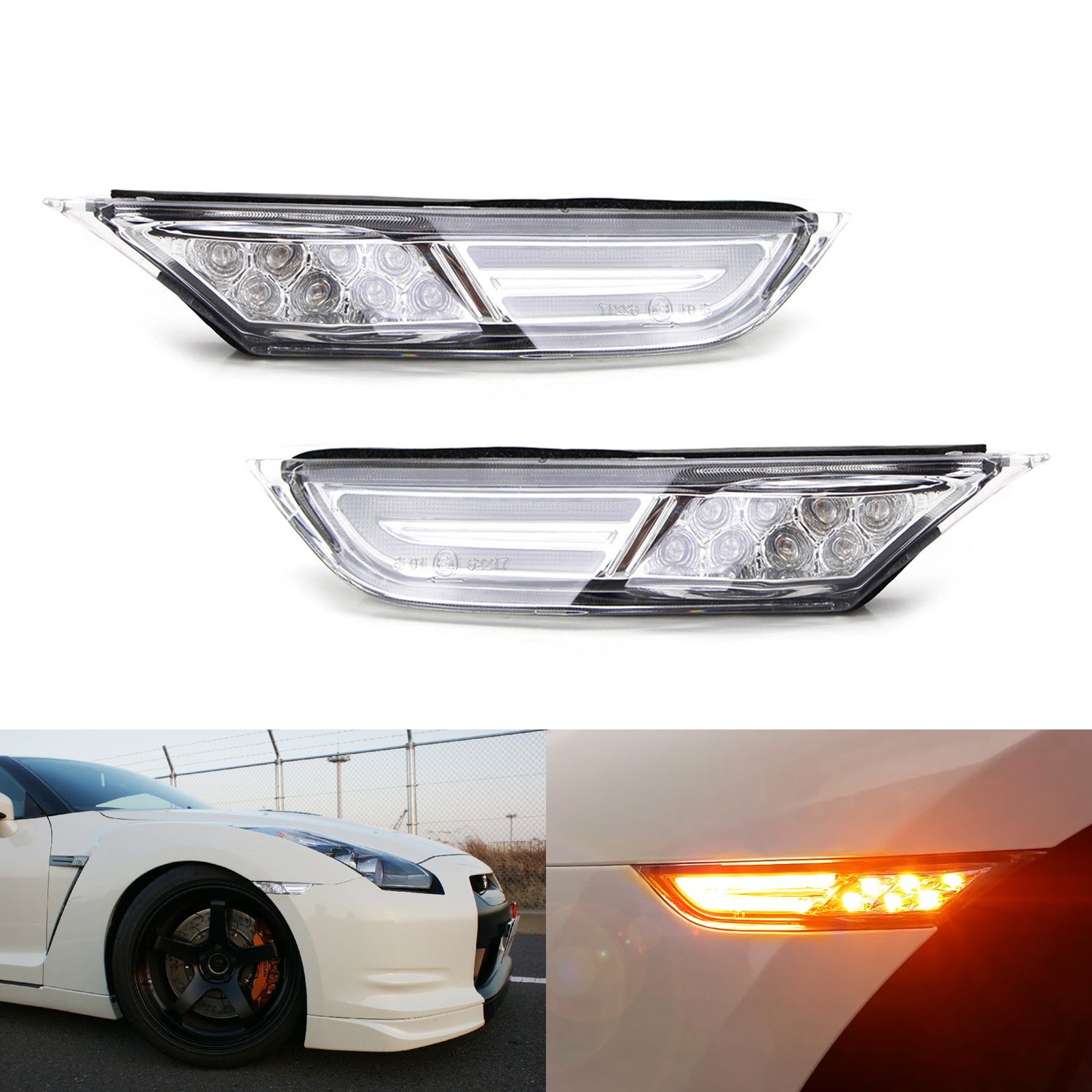 2007-2022 Nissan GTR Clear Lens 3D Amber Full LED Front Side Marker Light Kit - High Visibility Safety Lights for Night Driving & Car Customization