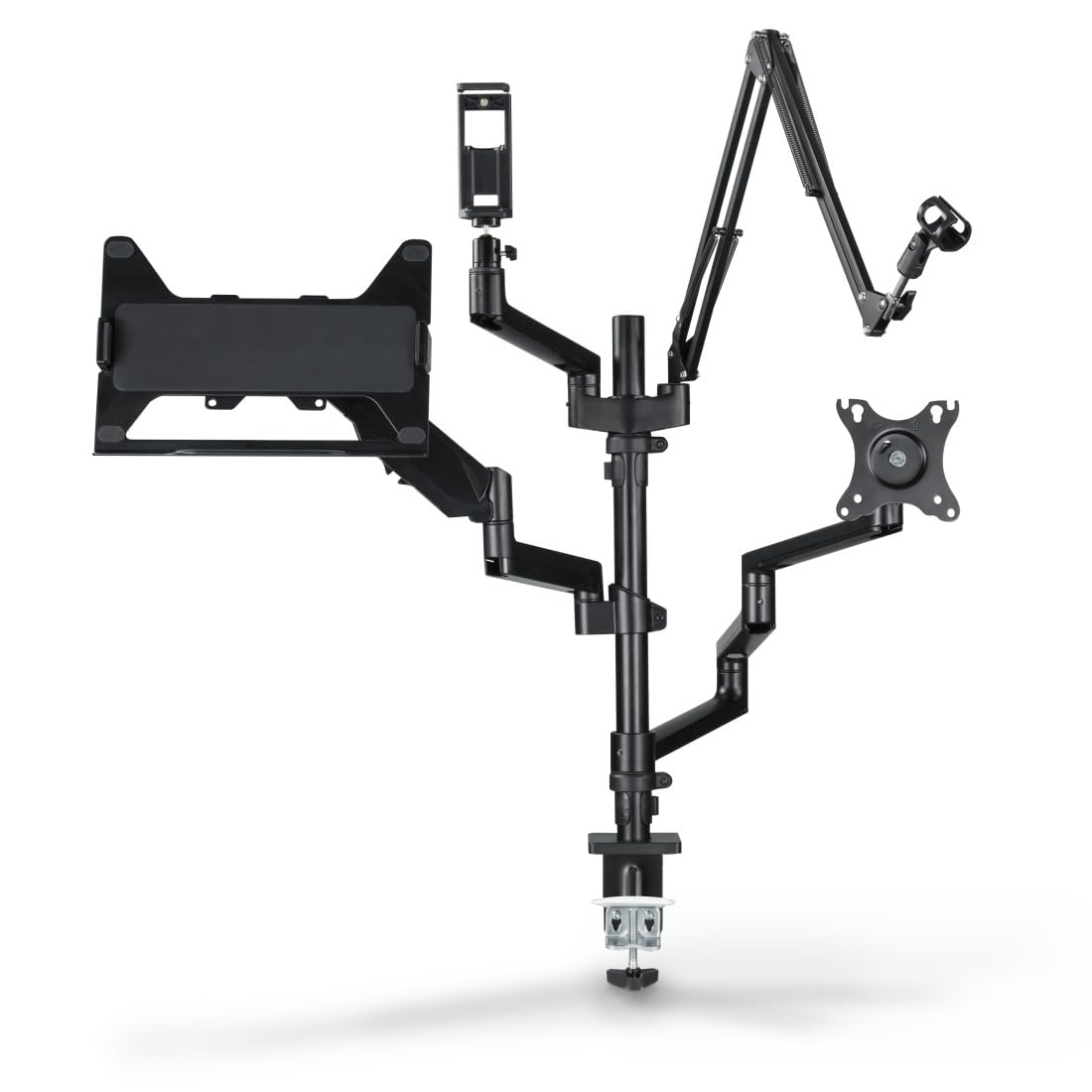 Hama Dual Monitor Mount Stand - 4 Arm Adjustable Swivel Tilt Desk Mount with Microphone Boom & Tripod Base for Streaming Setup, PC Monitors, Camera, Ring Light, Phone (Black) - Perfect for Home Office, Gaming & Live Streaming