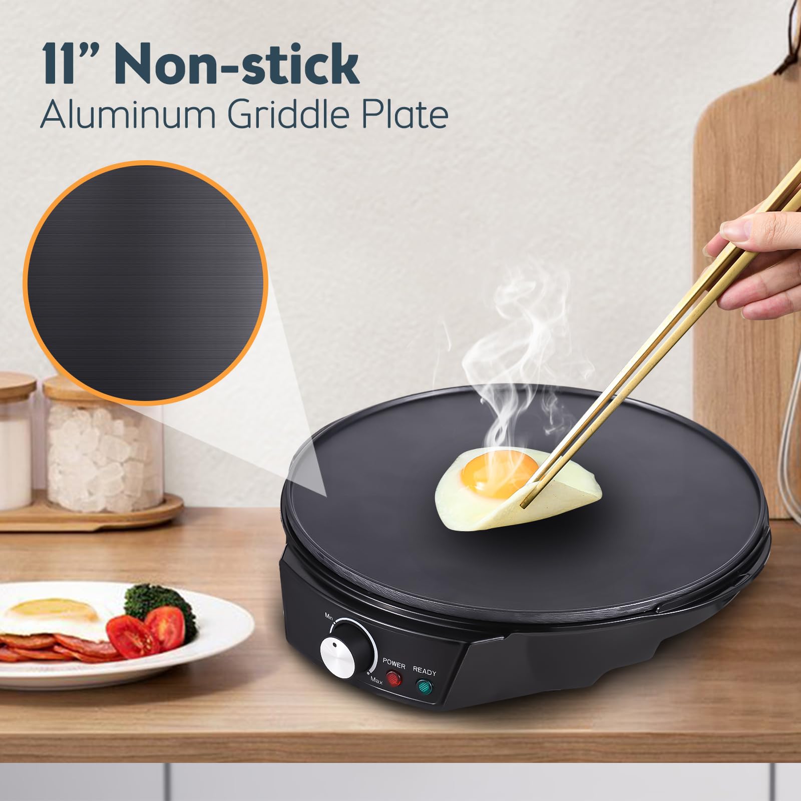 Decdeal 1200W Electric Crepe Maker with Adjustable Temperature (50-210°C) - Non-Stick Pancake Griddle for Roti, Tortilla, Blintzes - Includes Wooden Spatula & Batter Spreader - Perfect for Breakfast, Brunch & Dessert Making at Home