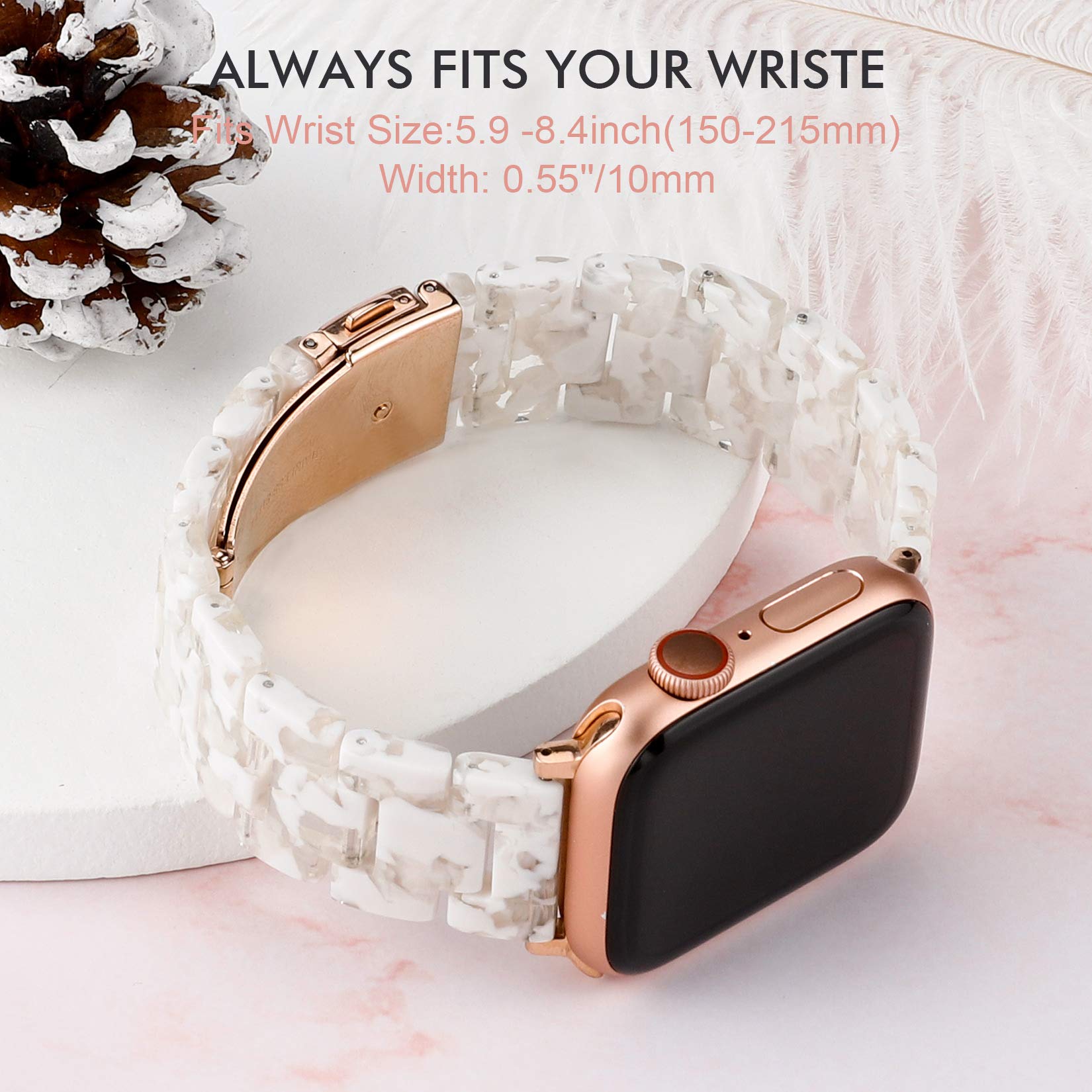 Lightweight Resin Apple Watch Band Compatible with Series 10/9/8/7/6/5/4/3/2/1/SE - 38/40/41/42mm Women's Wrist Strap Bracelet (White) | Perfect for Workouts, Office & Everyday Wear