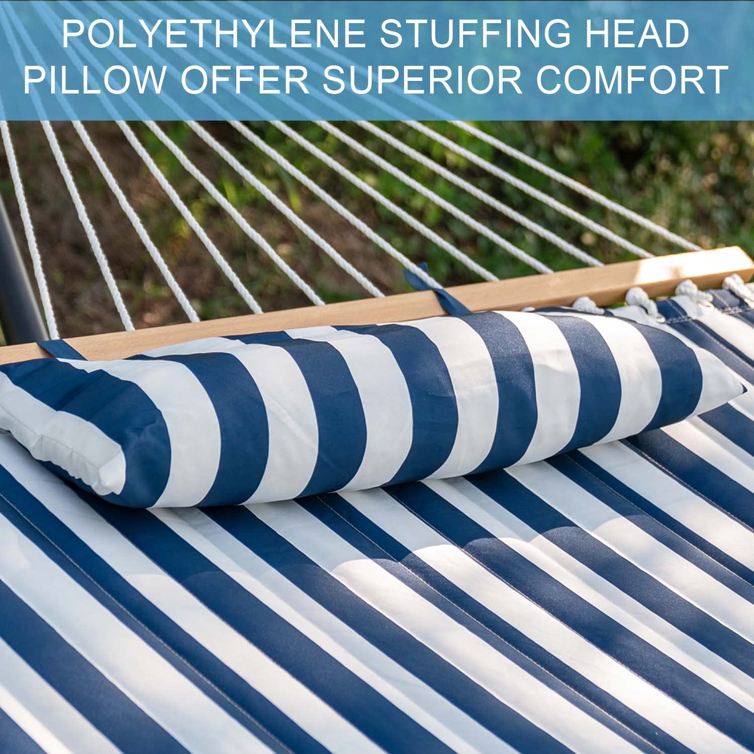 12 FT Quilted Double Hammock with Spreader Bar & Chains - 2-Person Outdoor Hammock for Patio, Poolside, Backyard & Beach - Includes Pillow & 450 lbs Capacity (Blue & White) - Perfect for Relaxing, Lounging & Summer Getaways