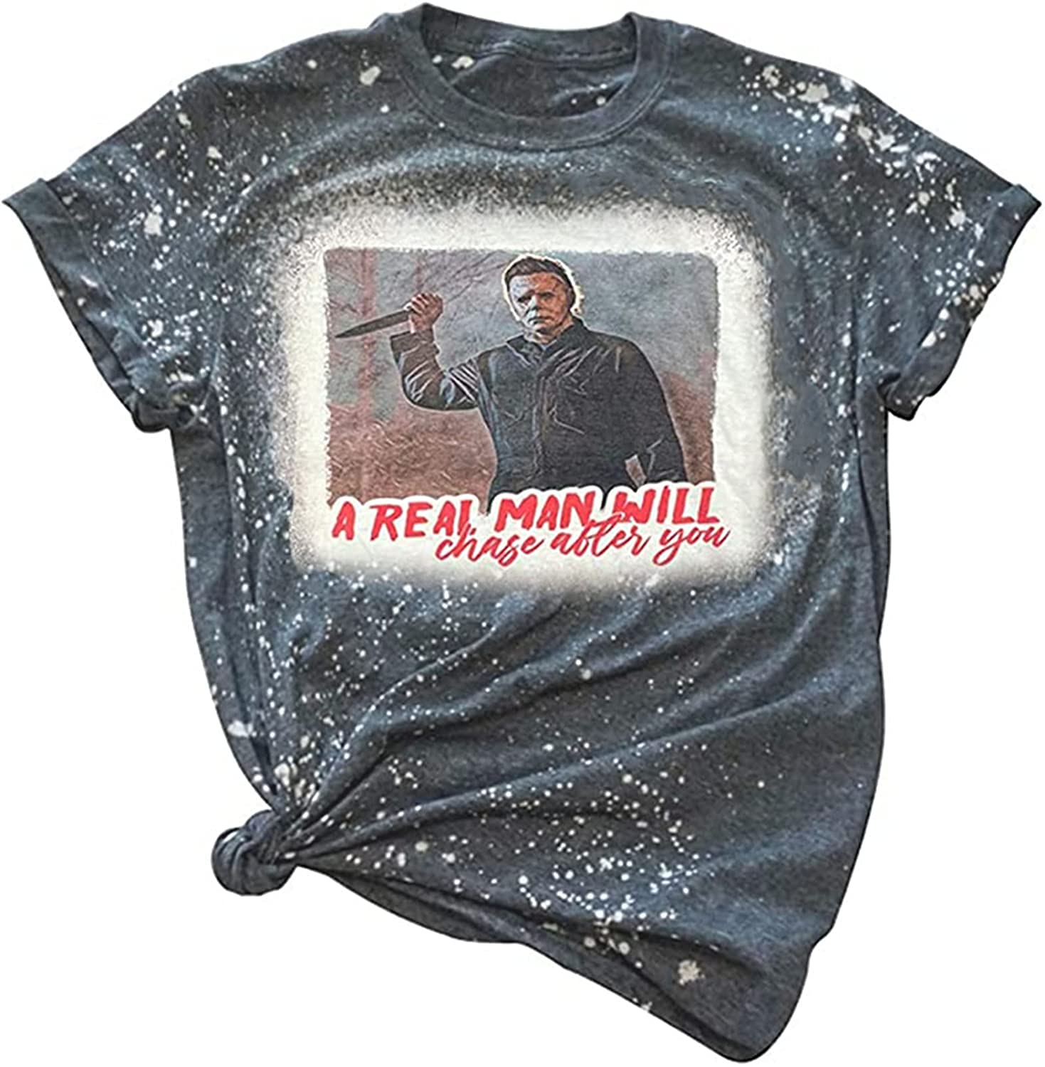 Funny Horror Movies Bleached T-Shirt for Women - Michael Myers Graphic Novelty Tee with Letter Print | Halloween Party Outfit & Casual Wear