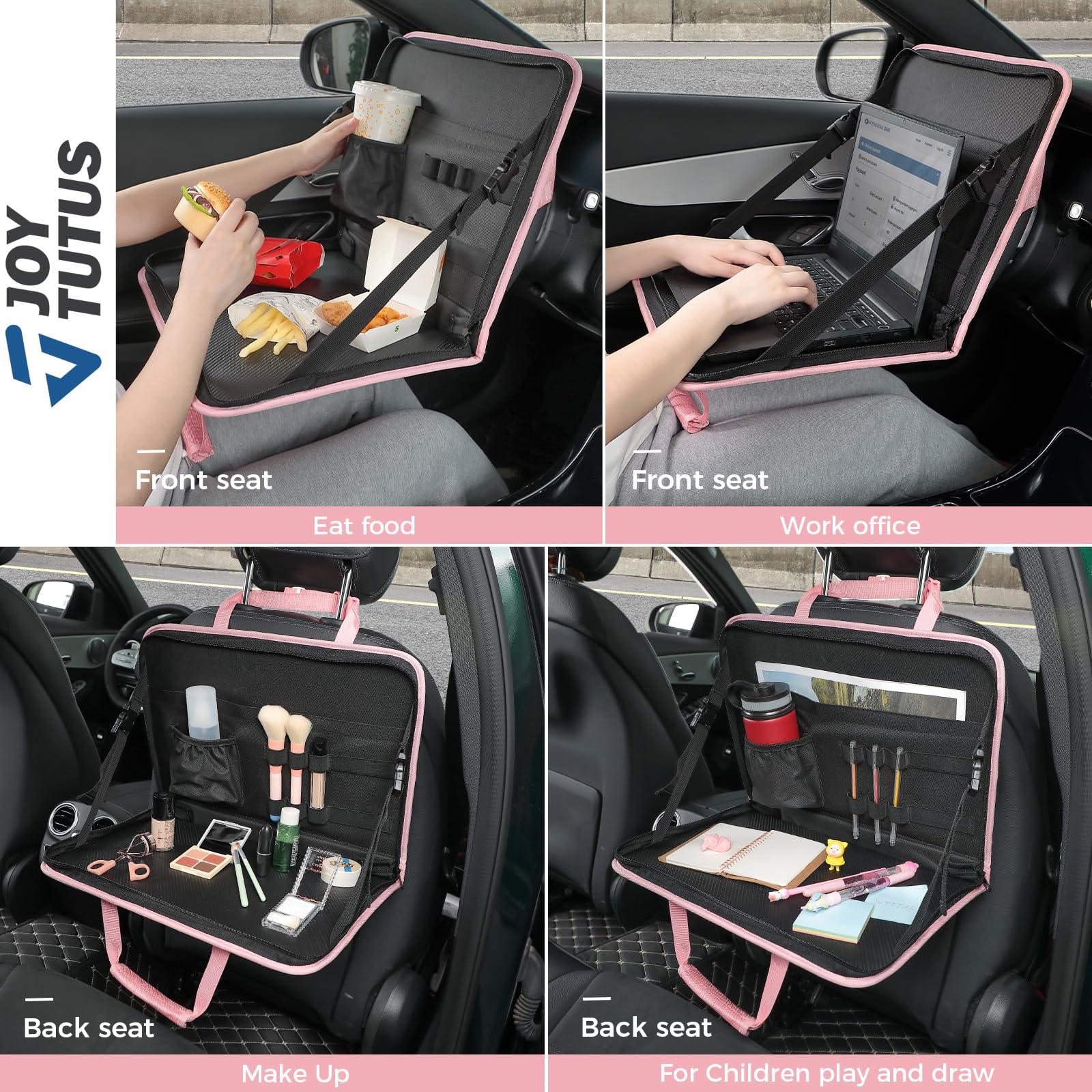 JOYTUTUS 3-in-1 Car Steering Wheel Tray - Pink Multifunctional Car Desk for Eating, Working & Organizing | Portable Laptop Table for Backseat, Kids & Commuters | Perfect for Road Trips, Office Work & Family Travel