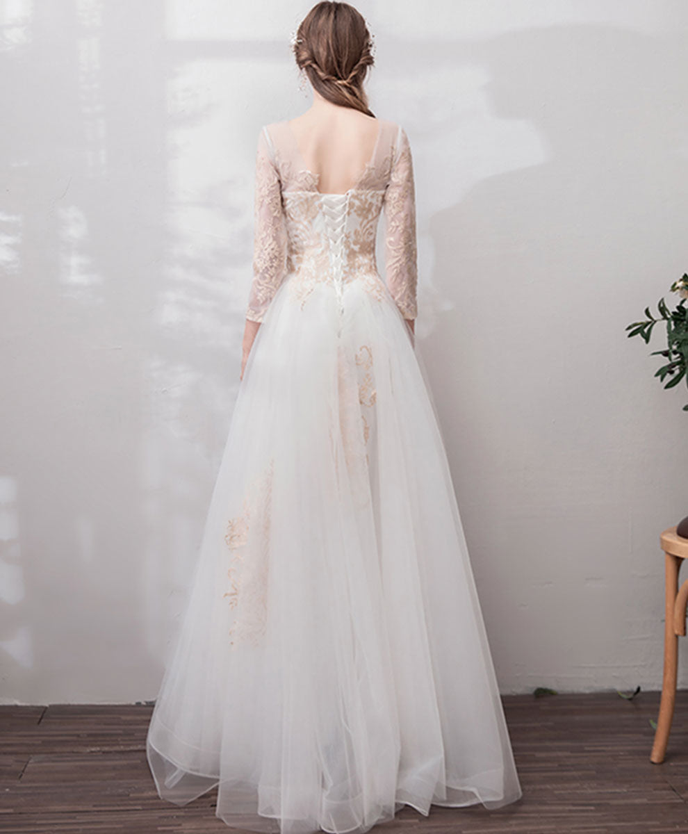 Elegant White Round Neck Tulle Lace Long Prom Dress for Formal Events - Perfect for Homecoming, Wedding Guest & Evening Gala