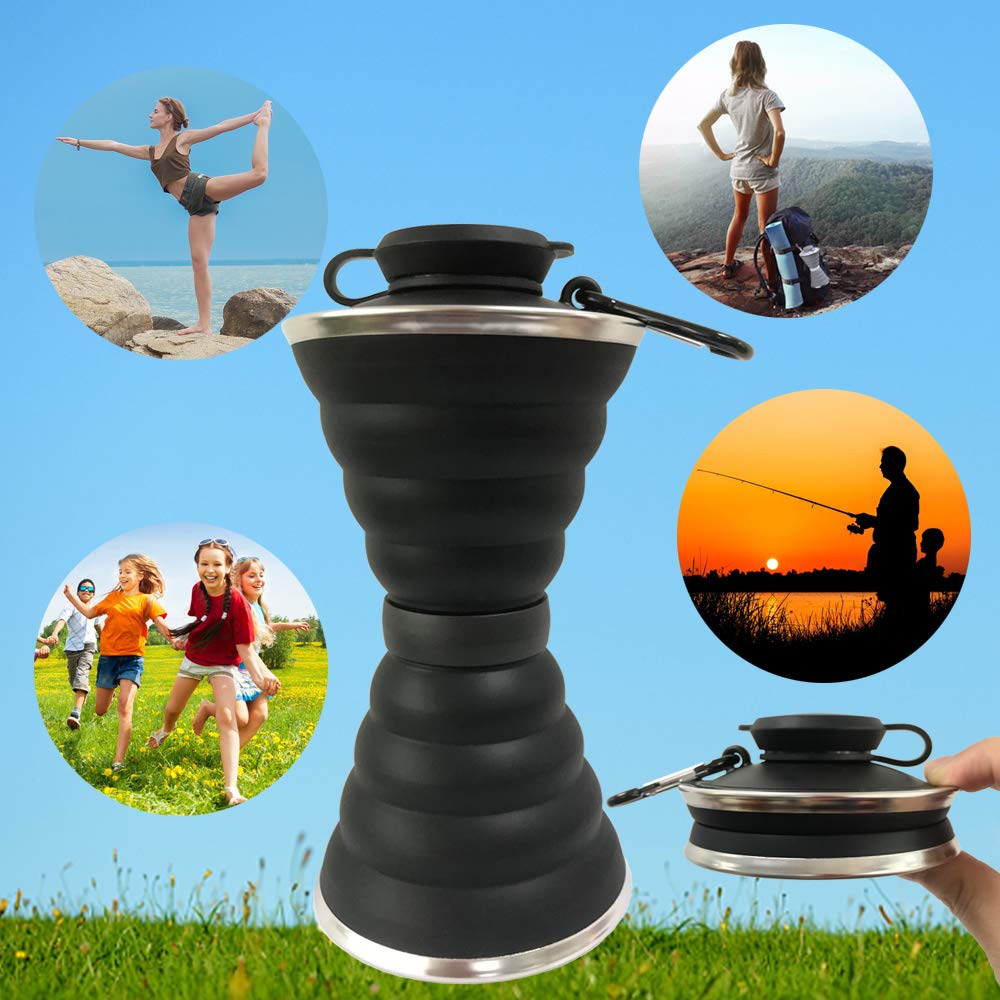 Collapsible Water Bottle with Carabiner - Reusable Silicone Foldable Leak Proof Sports Water Bottle for Camping, Hiking, Travel, Gym & Cycling - BPA Free Portable Outdoor Cup - Perfect for Backpacking, Workouts and Adventure Trips