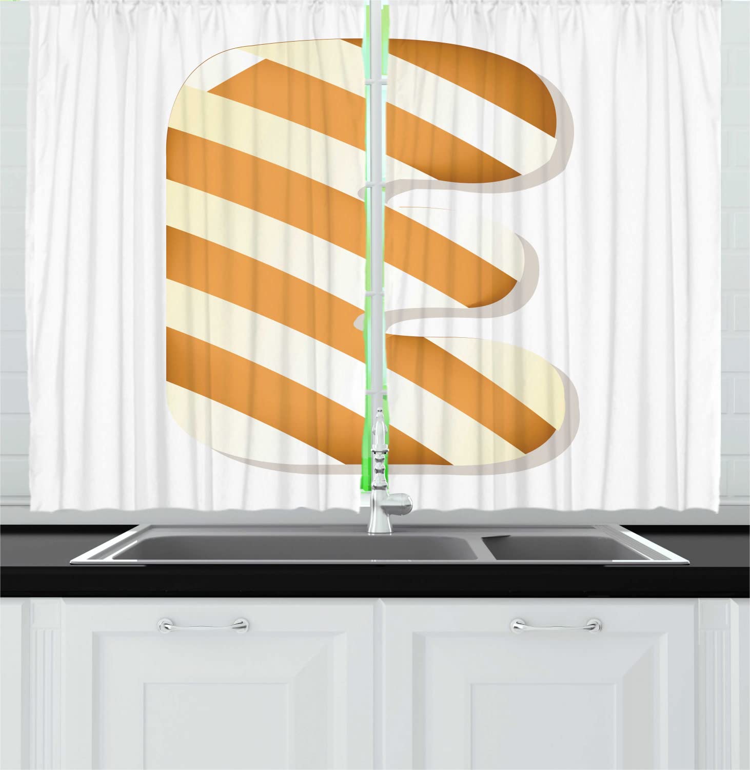 Ambesonne Christmas Alphabet Kitchen Curtains - Creamy Striped Cookie Letter E Design, 2 Panels with Rod Pocket, 55