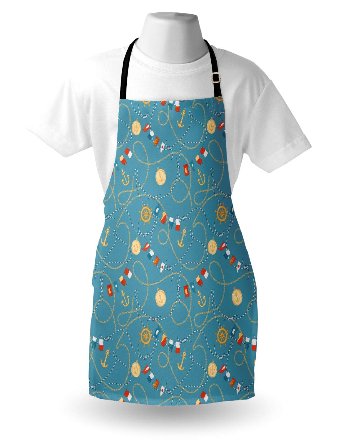 Ambesonne Blue Nautical Apron - Sailor Anchor Medals Chains Flags Steering Wheel Print - Adjustable Unisex Kitchen Bib for Cooking, Baking & Grilling - Perfect for Home Chefs, BBQ Parties & Gardening - Adult Size in Cadet Blue & Beige