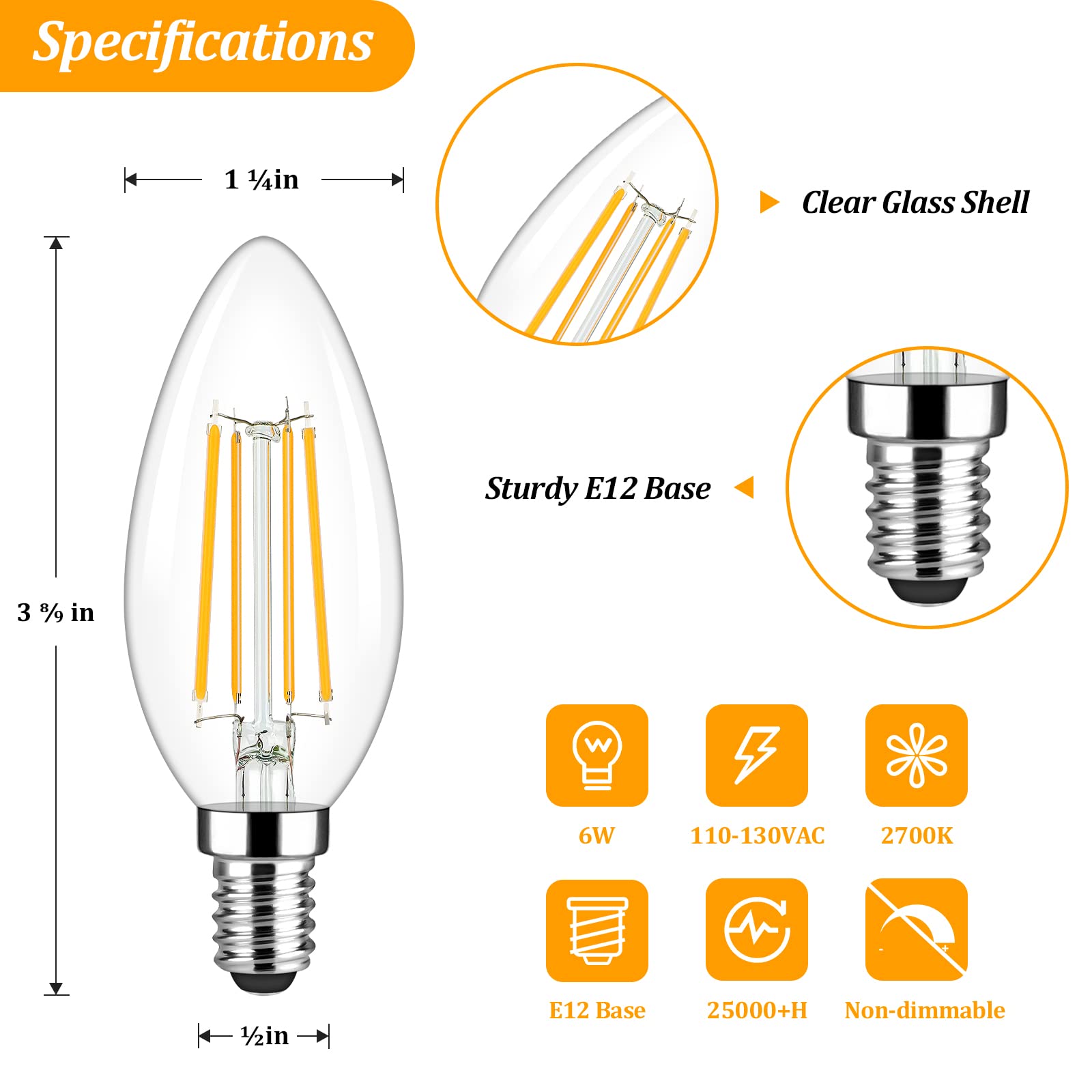 Brightever E12 LED Candelabra Light Bulbs 60W Equivalent, 5-Pack B11 6W Chandelier Bulbs, 620 Lumens 2700K Warm White Candle Light Bulbs - Clear Glass for Wall Sconces, Ceiling Fixtures & Decorative Lighting