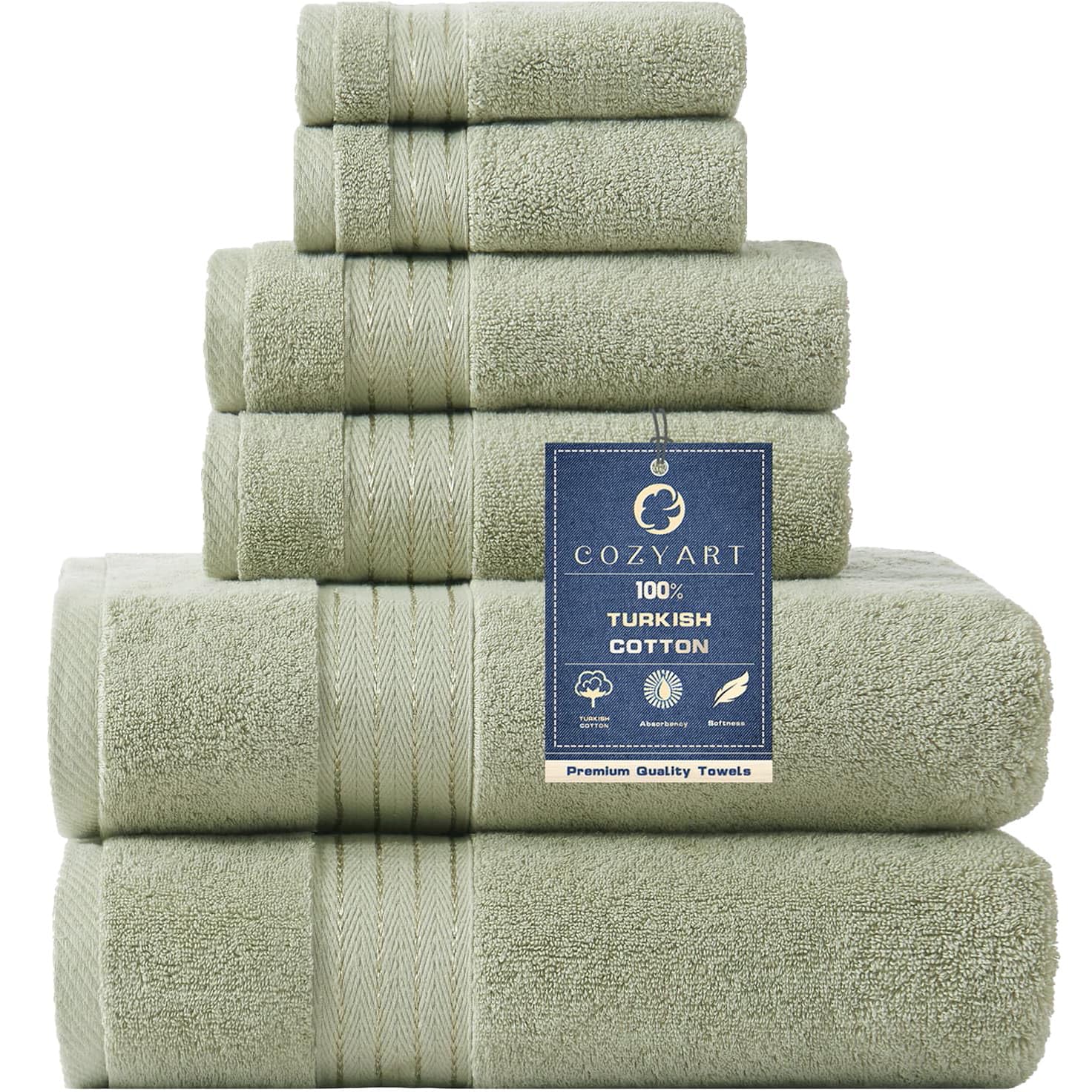 Premium 6-Piece Sage Green Bath Towel Set - 100% Turkish Cotton, Ultra Soft & Absorbent (650 GSM) - Includes 2 Bath Towels, 2 Hand Towels, 2 Washcloths - Perfect for Spa, Luxury Bathroom & Hotel Use