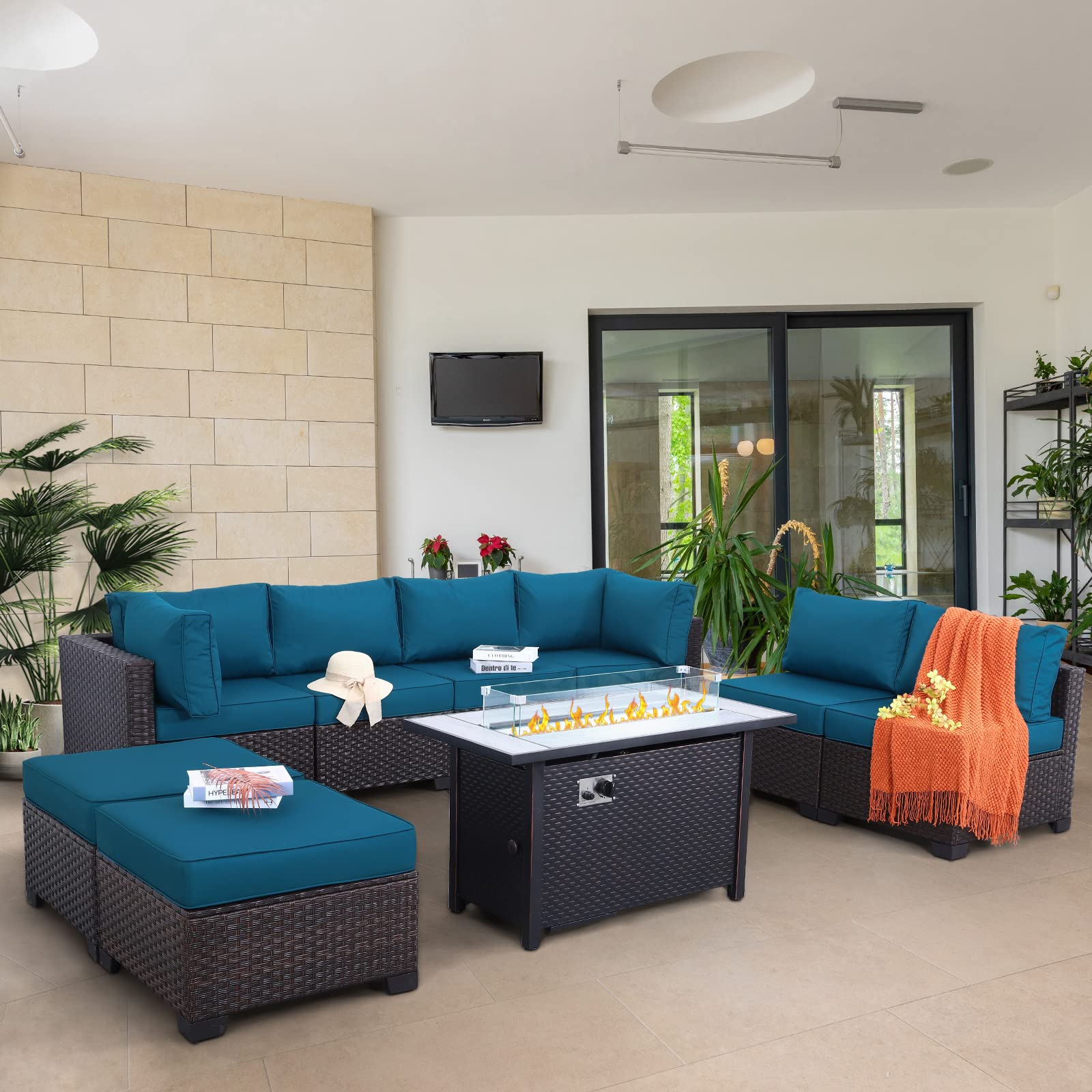 9-Piece PE Rattan Outdoor Patio Furniture Set with Peacock Blue Cushions & 45