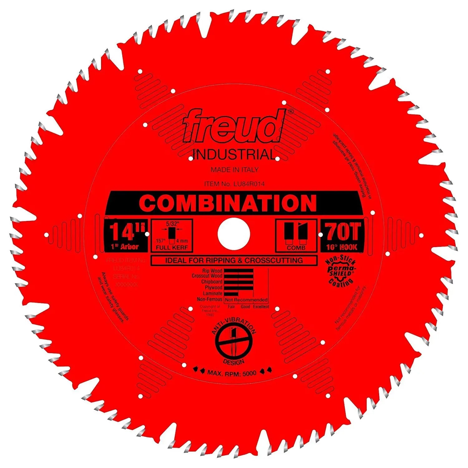 Freud LU84R014 14-Inch 70-Tooth Combination Saw Blade for Woodworking - Perfect for Crosscuts, Rip Cuts, and Fine Finish Cuts on Hardwood, Plywood, and MDF