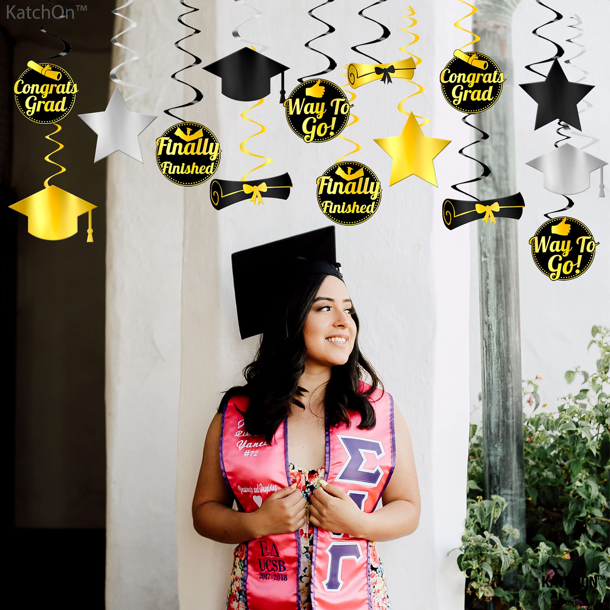 KatchOn Graduation Hanging Decorations - 30 Pack Black & Gold Swirl Ceiling Decor for 2025 Graduation Party | Perfect for Classrooms, Halls & Graduation Ceremonies