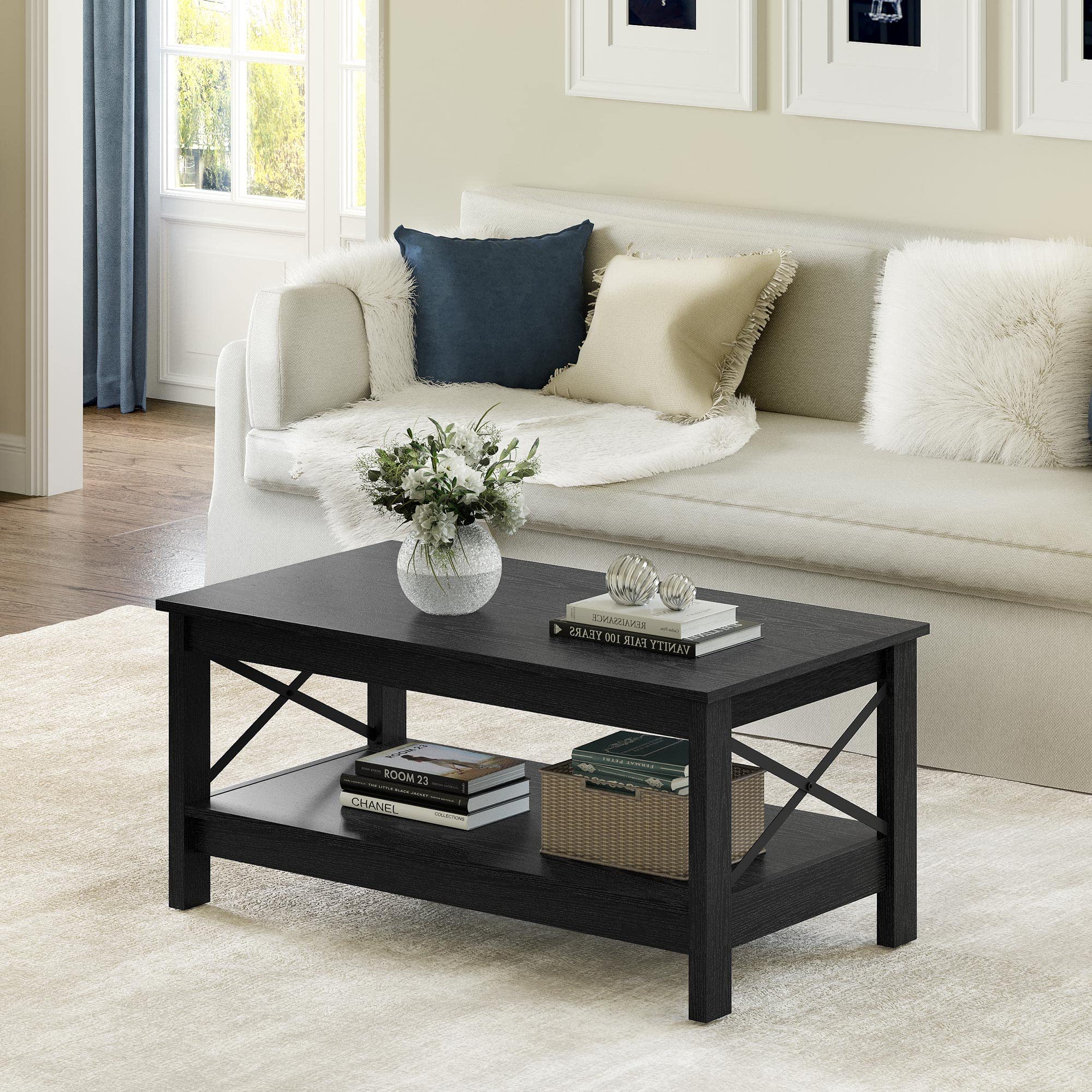 Modern Farmhouse Coffee Table with Storage - 2-Tier Wooden Center Table for Living Room, Sturdy Black Cocktail Accent Table | Perfect for Small Spaces, Home Decor & Entertaining Guests