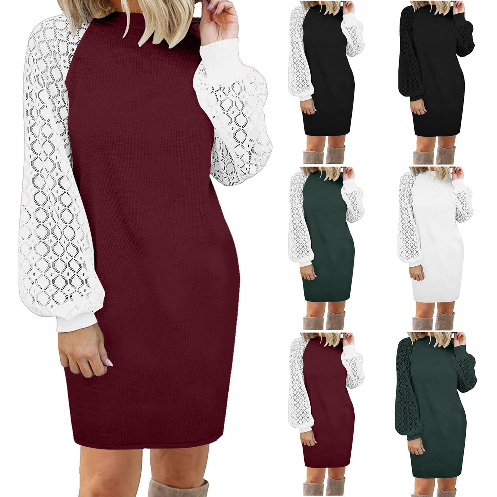 BmkBWO Women's Lantern Sleeve Fall Dress - Elegant Crewneck Midi Dress for Casual Wear, Cocktail Parties & Office Outfits | Stitching Pullover Design for Autumn & Winter Seasons