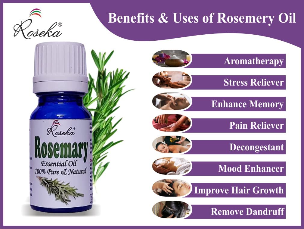Roseka 100% Pure Rosemary Essential Oil (Rosmarinus officinalis) - 10ml Therapeutic Grade Steam Distilled for Hair Growth, Skin Care & Body | Natural Aromatherapy for Relaxation, Massage & DIY Beauty Products