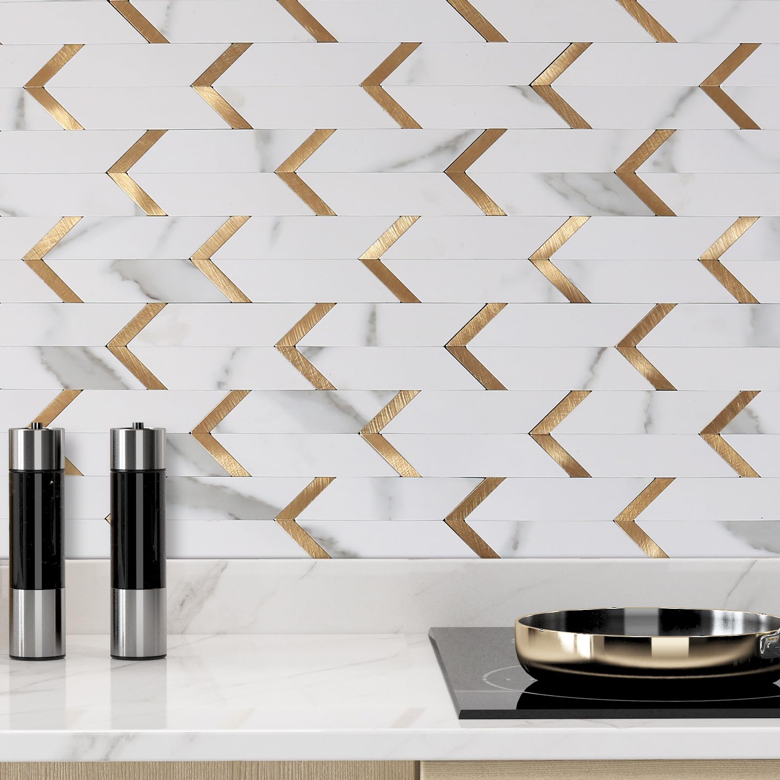 5 Sheets Peel and Stick Backsplash Tile - Self Adhesive Marble Wall Tiles for Kitchen & Bathroom - Herringbone Pattern, Carrera White - Easy DIY Home Upgrade for Backsplash, Accent Walls & Countertops