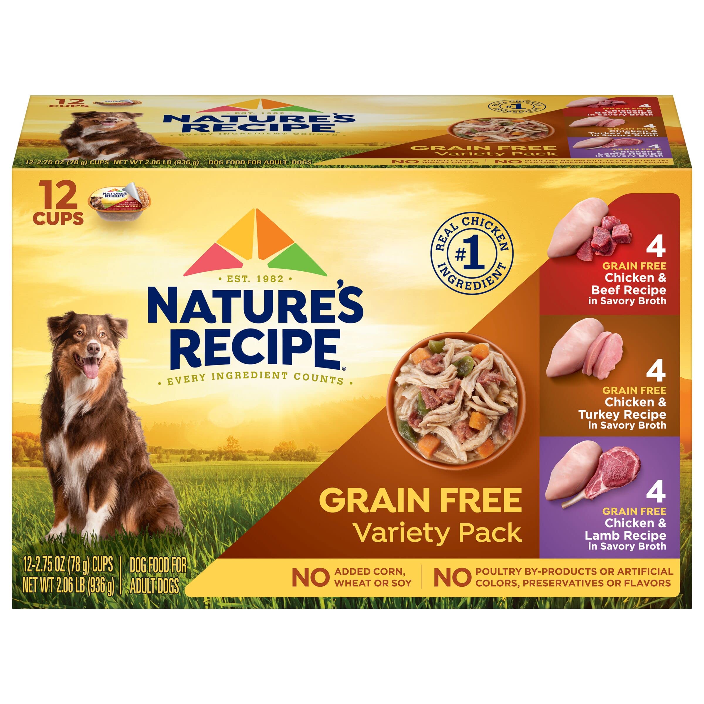 Nature’s Recipe Grain-Free Wet Dog Food Variety Pack – Chicken & Beef, Chicken & Turkey, Chicken & Lamb in Savory Broth – 12 Pack (2.75 oz. Cups) | High-Protein, All-Natural Dog Food for Small & Medium Breeds | Perfect for Travel, Training & Mealtime