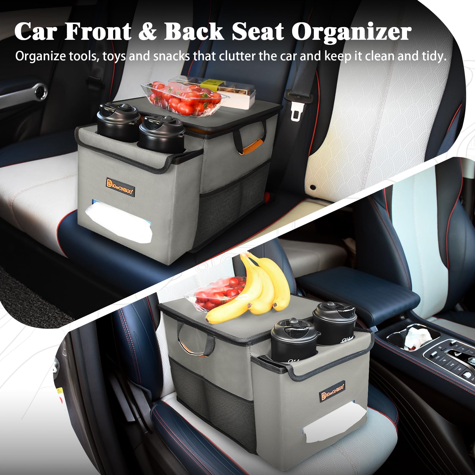 Car Seat Organizer with Cooler Compartment & Storage - Front & Back Seat Organizer for Kids, Travel Essentials with Lid, Cup Holder & Tissue Pocket - Perfect for Road Trips, Family Vacations & Daily Commutes (Silver Grey)