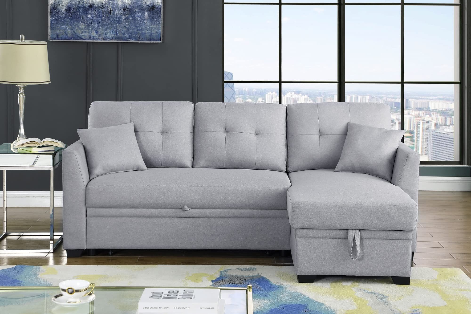 Modern L-Shaped Sectional Sofa Bed with Pull-Out Sleeper & Reversible Storage Chaise - Convertible 3-Seater Tufted Upholstered Couch in Linen Fabric for Living Room, Office & Small Apartments - Perfect for Guest Sleeping, Space Saving & Contemporary Home Decor