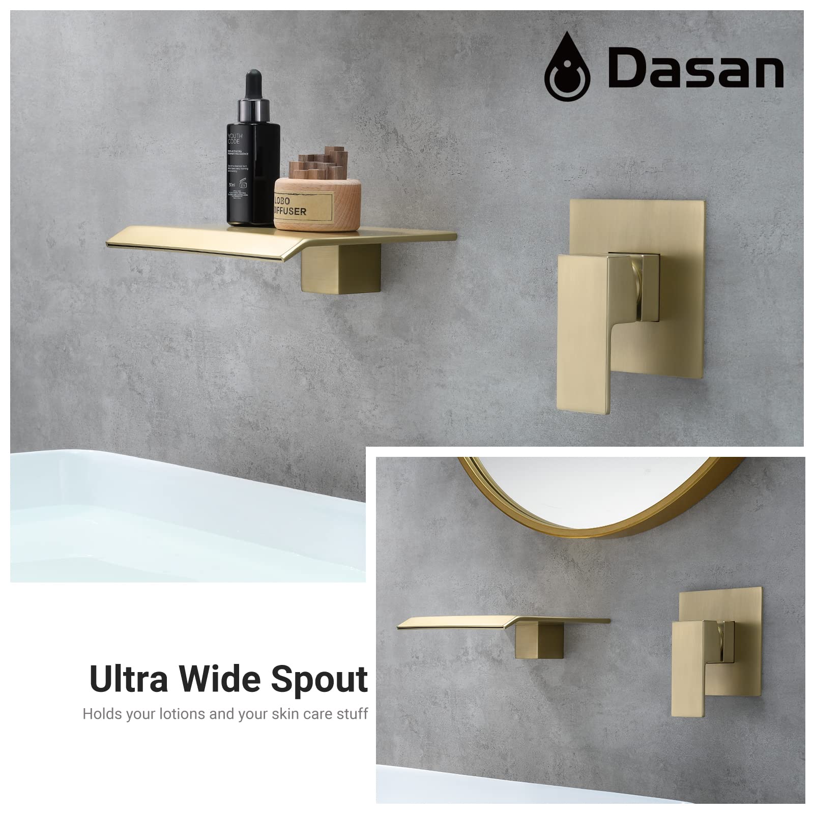 Brushed Gold Wall Mount Waterfall Bathroom Faucet - Single Handle Modern Wall Mounted Sink Faucet with Upgraded Rough-in Valve (DA-TFD3BG-NH) - Perfect for Spa-Like Bathrooms, Luxury Hotels, and Contemporary Home Decor