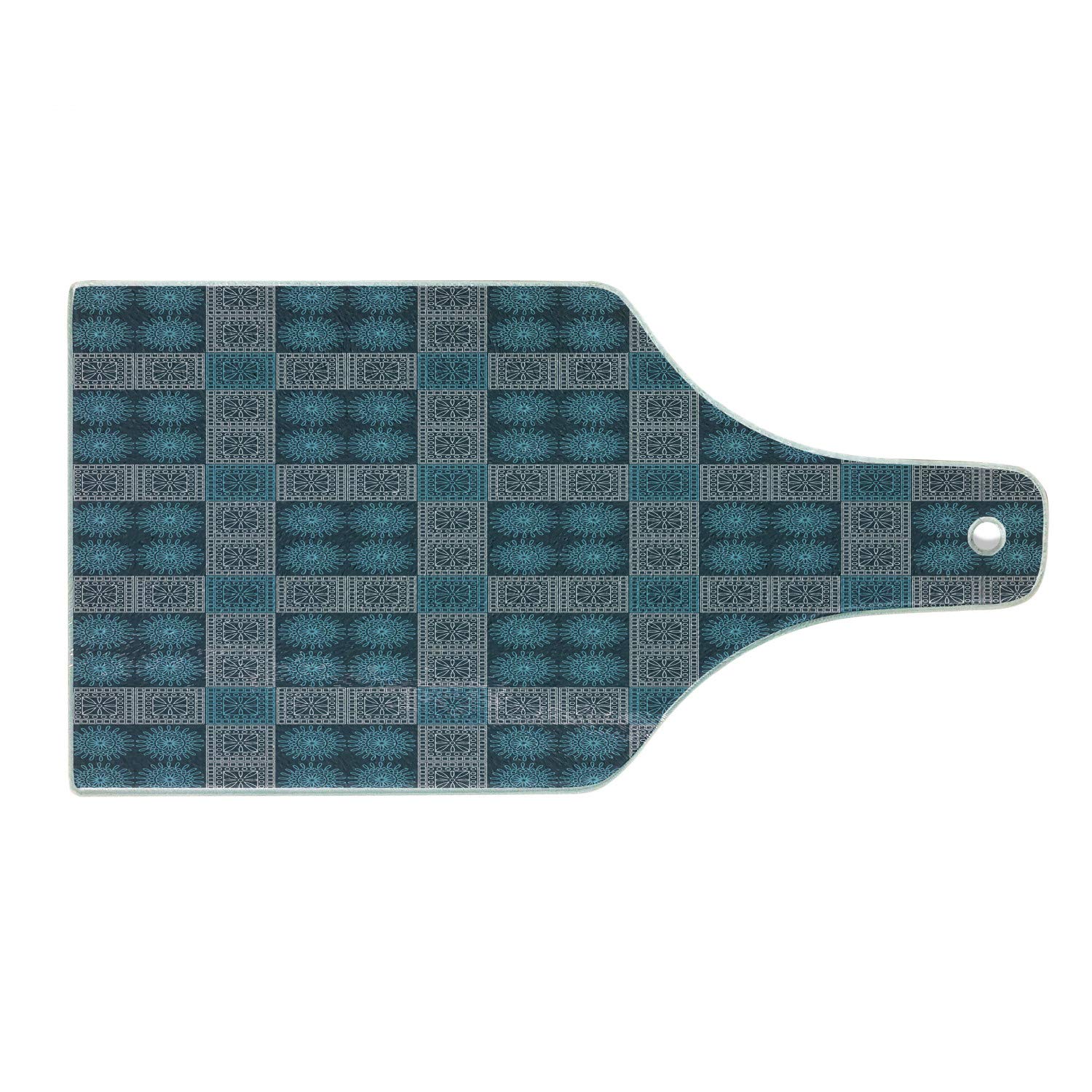 Ambesonne Victorian Baroque Geometric Cutting Board - Decorative Tempered Glass Serving Board with Floral Motifs, Wine Bottle Shape in Petrol Blue, Pale Blue & White - Perfect for Cheese Platters, Charcuterie Presentation & Kitchen Decor
