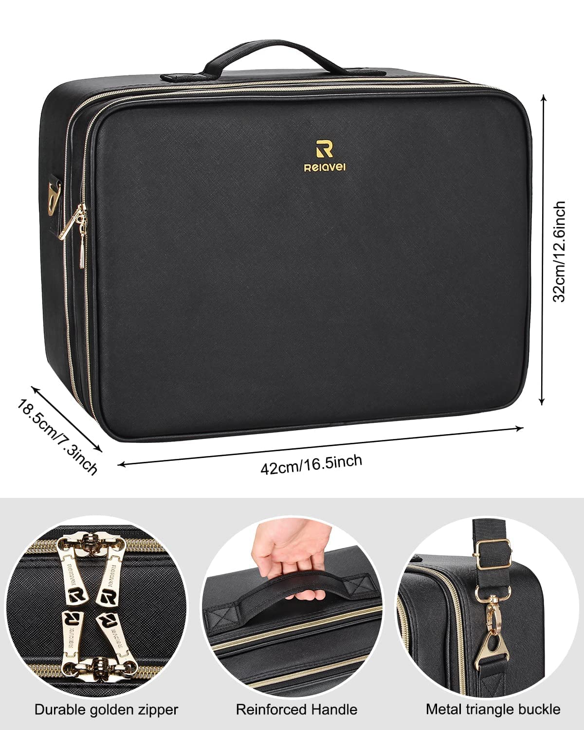 Relavel Extra Large Waterproof Leather Makeup Bag - Professional Makeup Artist Train Case with Adjustable Shoulder Straps & Dividers | Travel Cosmetic Organizer for Brushes & Beauty Tools | Perfect for Salon, Travel & Home Storage