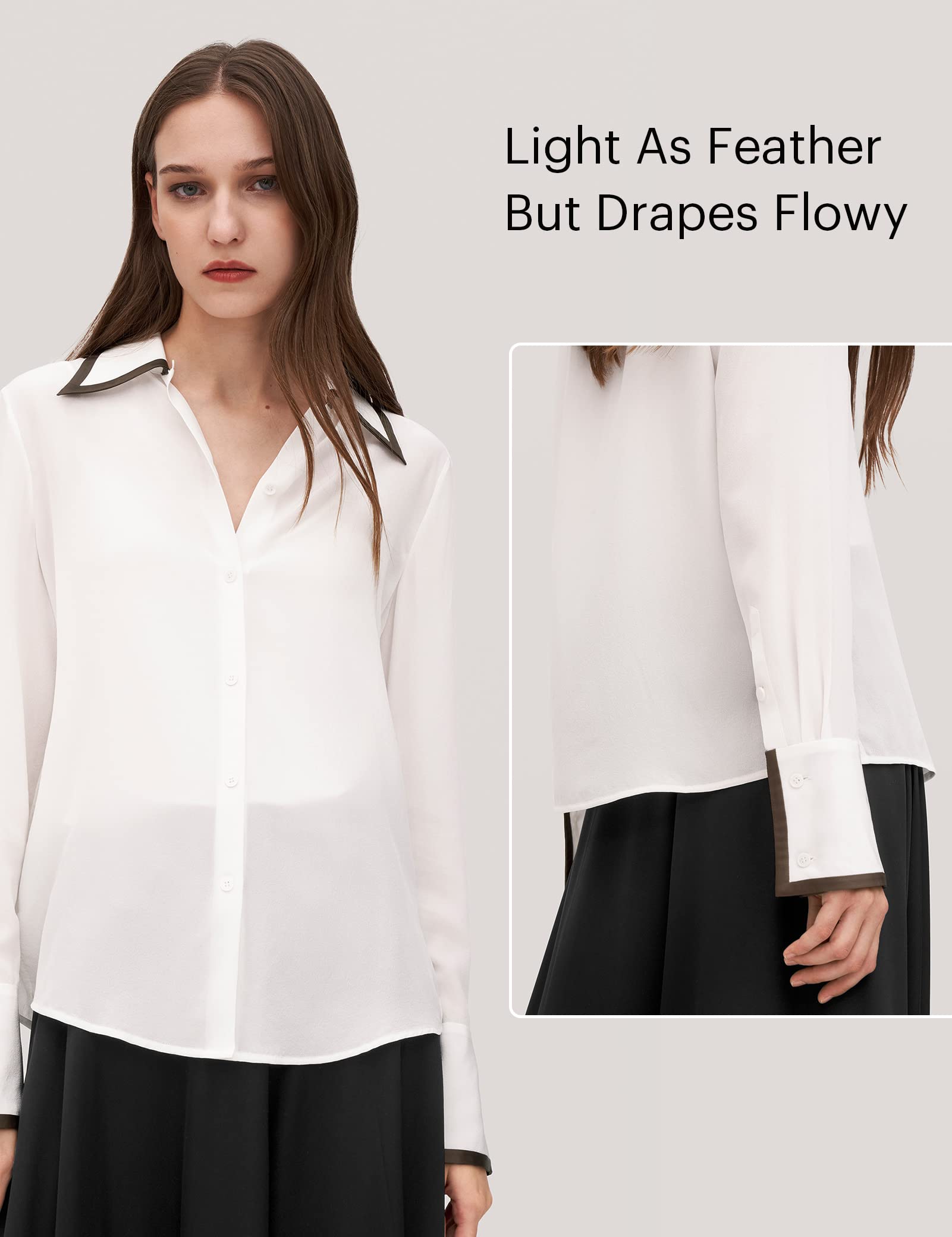 Luxury LilySilk Women's Silk Blouse with Contrast Piping - Elegant Willow Print Shirt Tops for Work, Party & Special Occasions