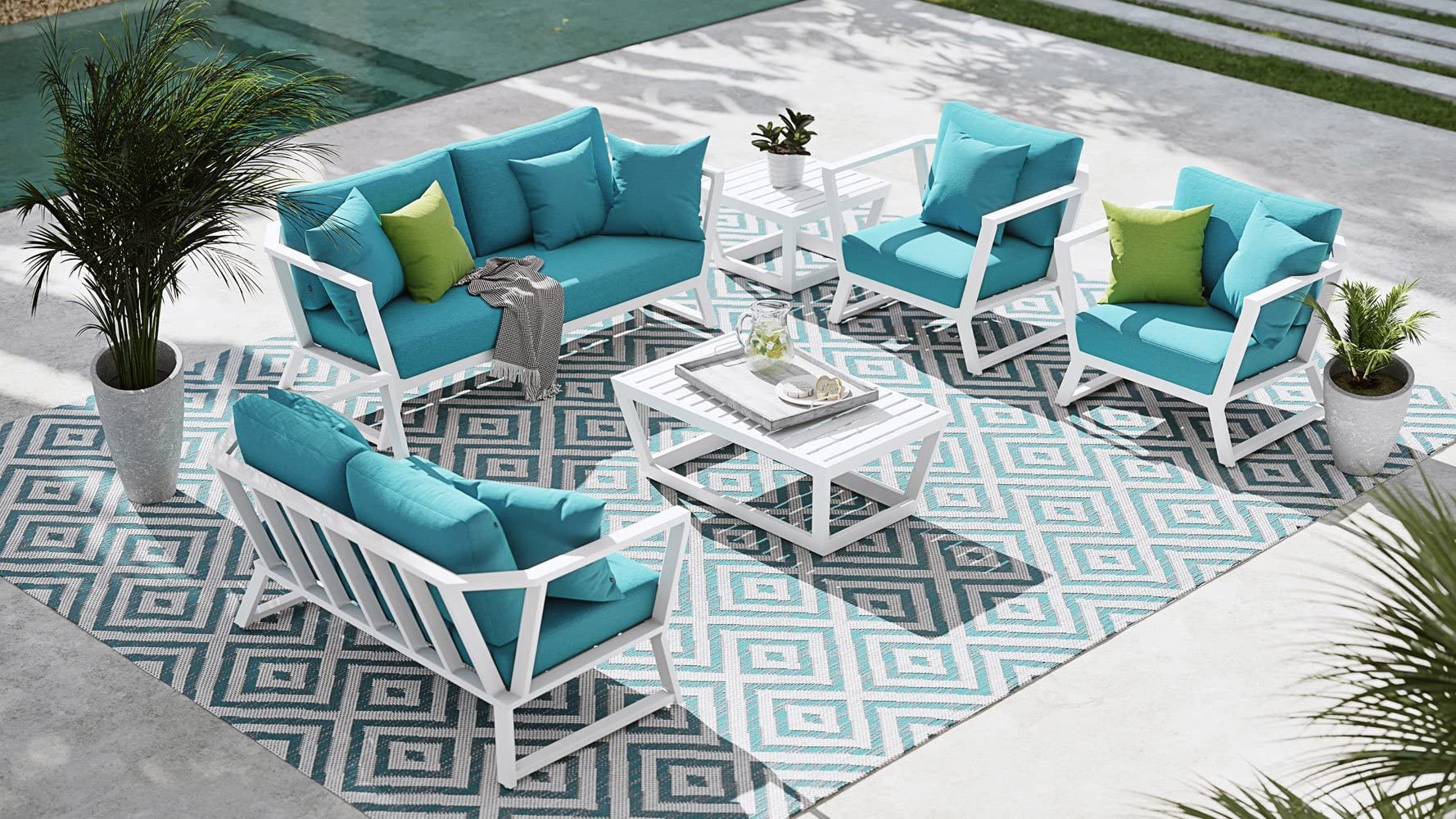 ZURI Modern Outdoor Patio Stainless Steel Sofa Set with Quick-Dry Cushions - White & Teal - Weather-Resistant Garden Furniture for Poolside, Deck, and Backyard Relaxation