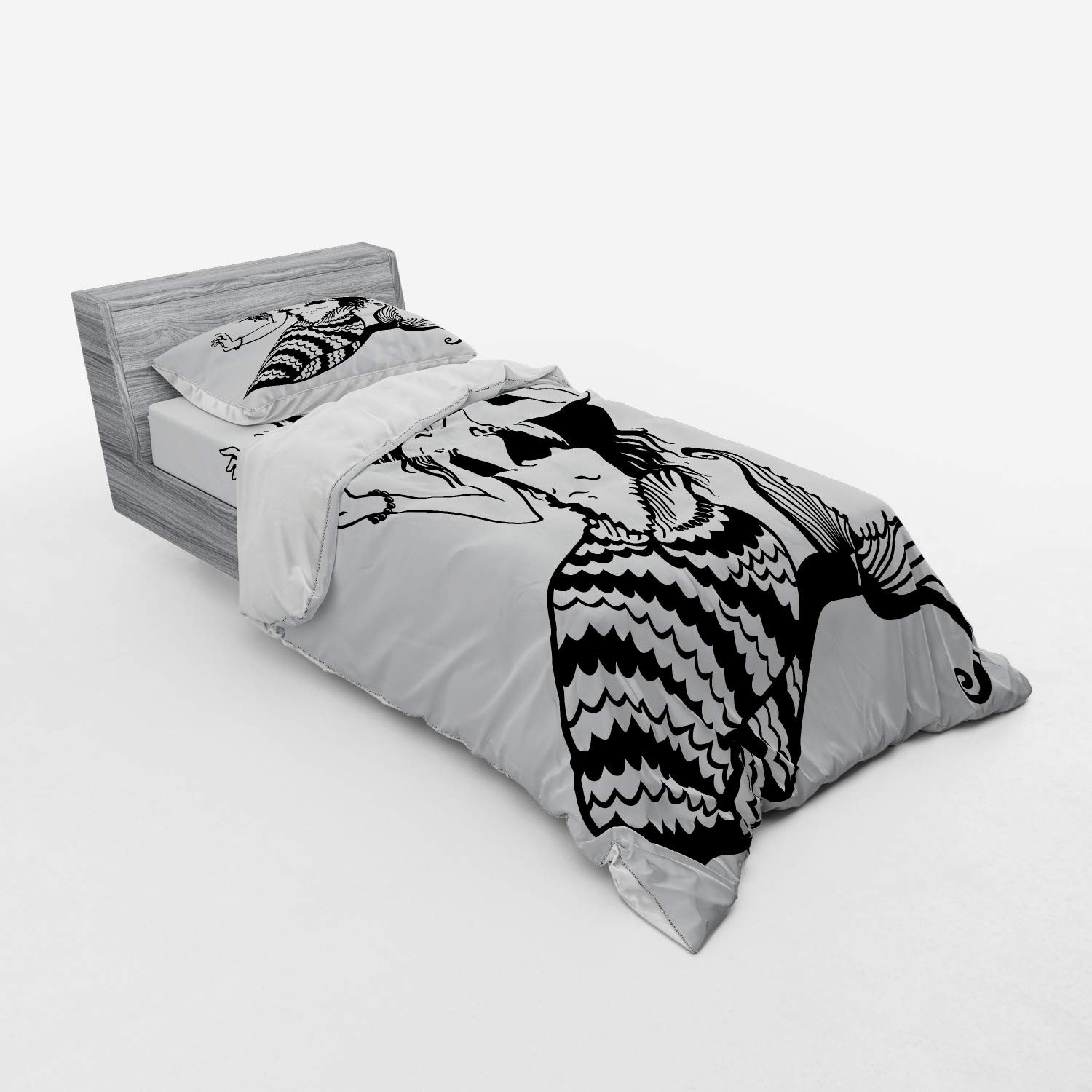 Ambesonne Underwater Mermaid Bedding Set - Twin XL 3-Piece Duvet Cover with Sham & Fitted Sheet, Black & White Mythological Art | Ocean Theme Bedroom Decor for Kids & Teens