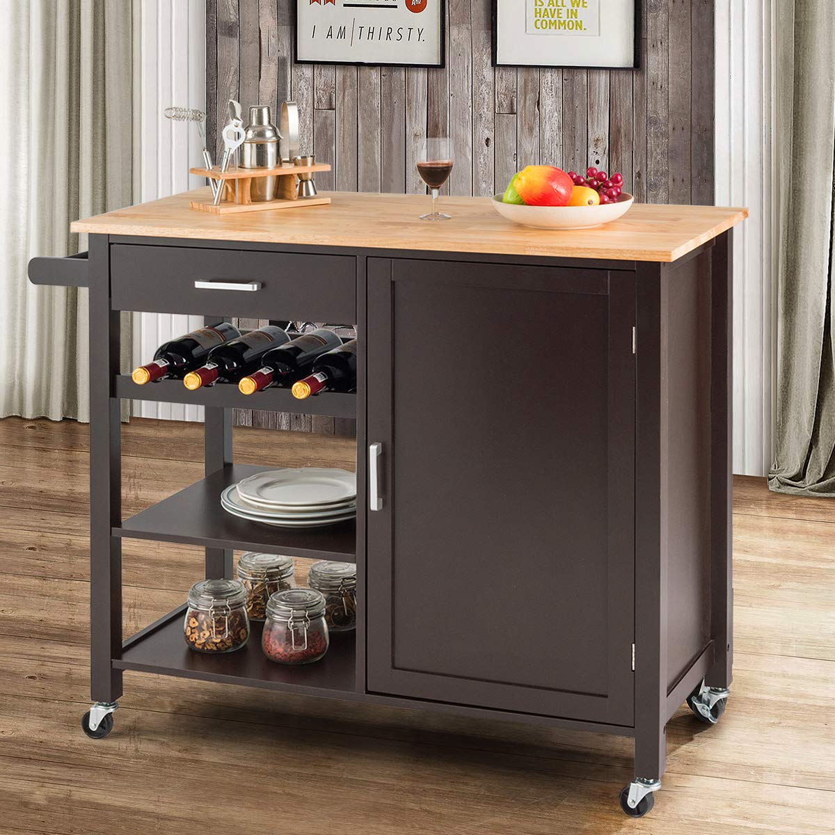 Giantex Kitchen Island Cart with Drawer & Storage Cabinet - Rolling Serving Cart with 4 Wine Bottle Rack, Towel Rack & Lockable Wheels - Wooden Trolley for Kitchen, Dining Room & Bar (Brown)