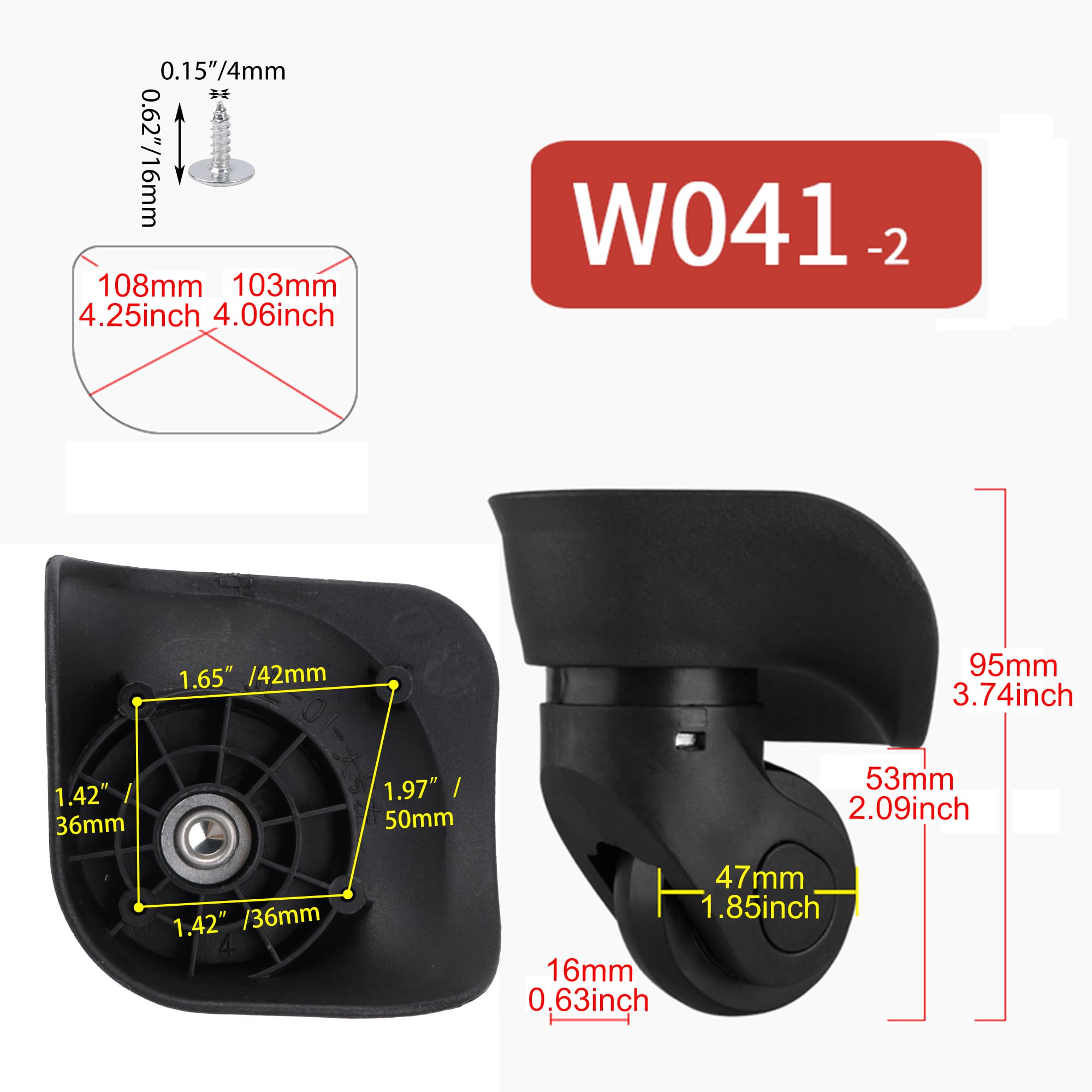 BQLZR Replacement Luggage Wheels - Black Plastic Swivel Caster Wheels for Suitcases (Left & Right, 4 Holes, 360° Rotation) - Perfect for Travel Luggage Repair and Wheel Replacement