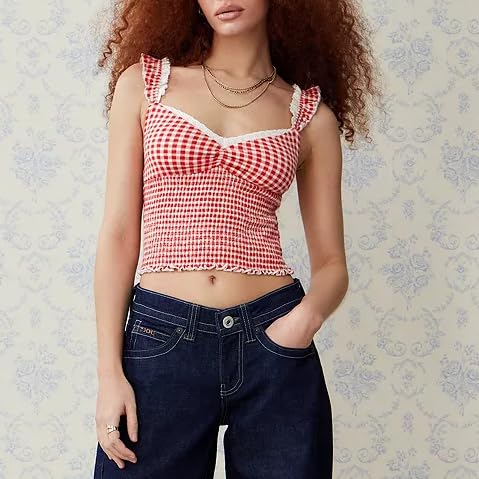 Y2k Plaid Cami Tank Tops for Women - Spaghetti Strap Lace Trim Crop Top, Cute Gingham Summer Camisoles | Perfect for Casual Outings, Beach Wear & Festival Fashion
