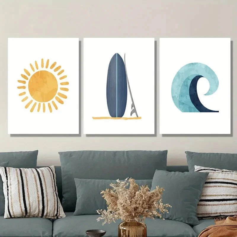 3-Piece Orange Sun & Blue Surfboard Wall Art Set - Framed Canvas 40x60cm - High Quality Print - 100% Australian Made - Ready to Hang - Perfect for Beach House, Living Room & Bedroom Decor