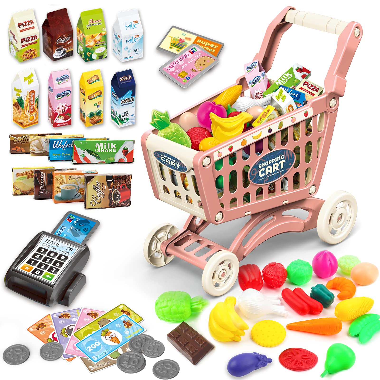 deAO Kids Shopping Cart Toy - Pretend Play Grocery Store Set with 65 Realistic Food, Fruits & Vegetables - Educational Role Play Toy for Toddlers & Preschoolers - Red Play Kitchen Accessory (Perfect for Indoor Pretend Play, Early Learning & Social Skills Development)