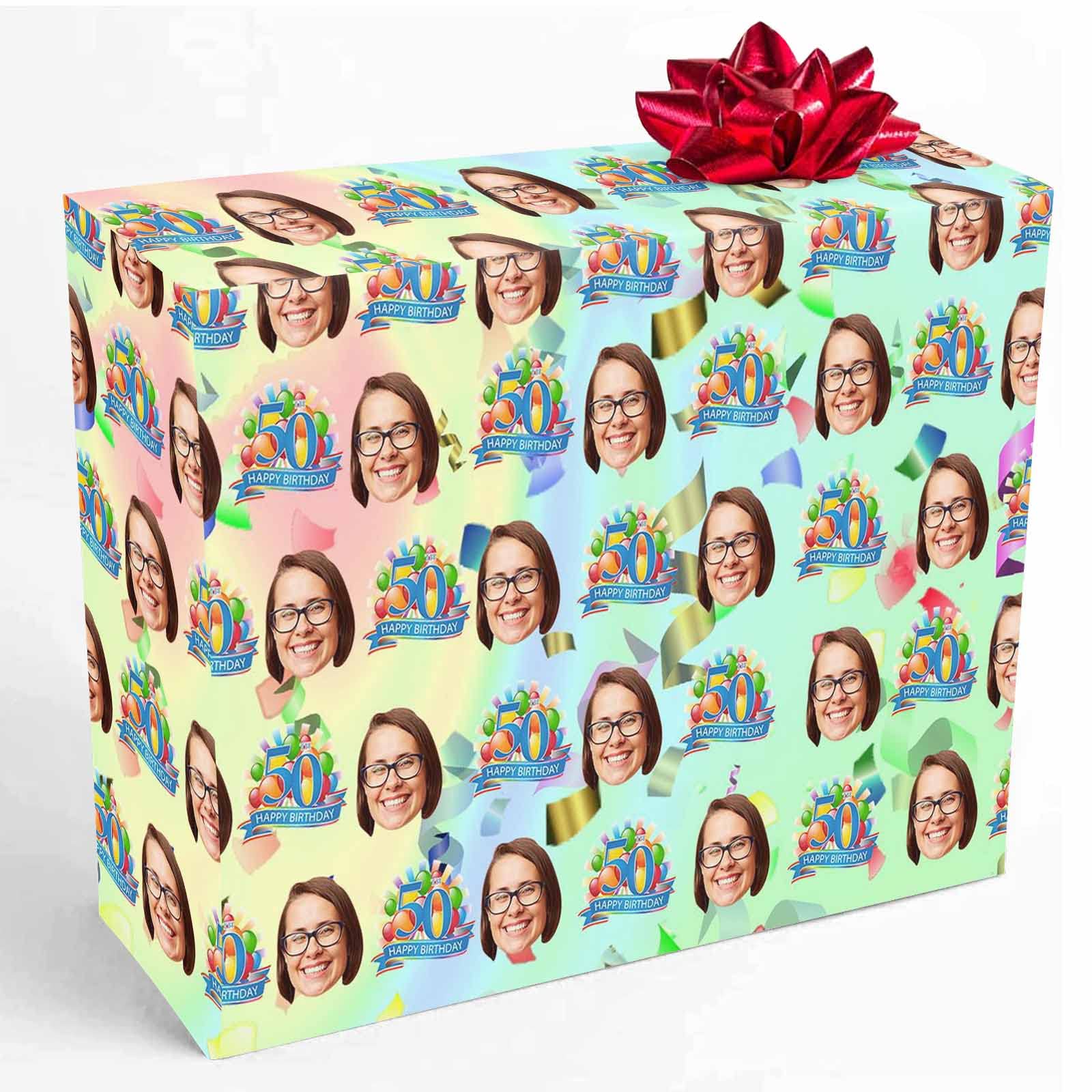 Personalized Custom Photo Wrapping Paper Roll - 50th Birthday Gift Wrap with Ribbon, 58x23 Inches - Perfect for Weddings, Birthdays, Christmas & Special Occasions - Great for Kids, Unisex Gifts & Fashionable Present Wrapping
