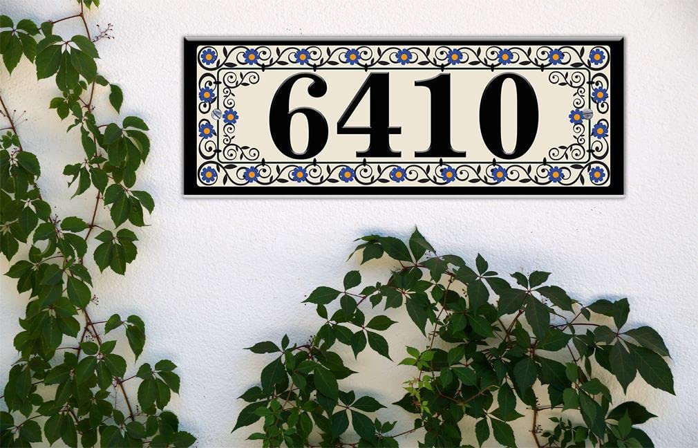 Blue Floral Mosaic Ceramic House Number Tile - Large Custom Address Plaque for Home, Garden & Front Door Decor