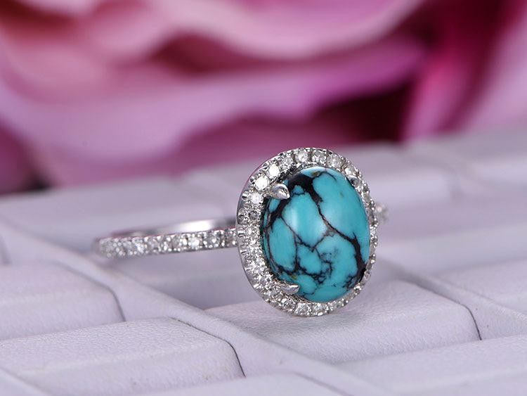 Diamond Halo Oval Turquoise Ring in 14K White Gold - December Birthstone Jewelry for Women, Gift for Her, Anniversary, Birthday, Christmas, Engagement