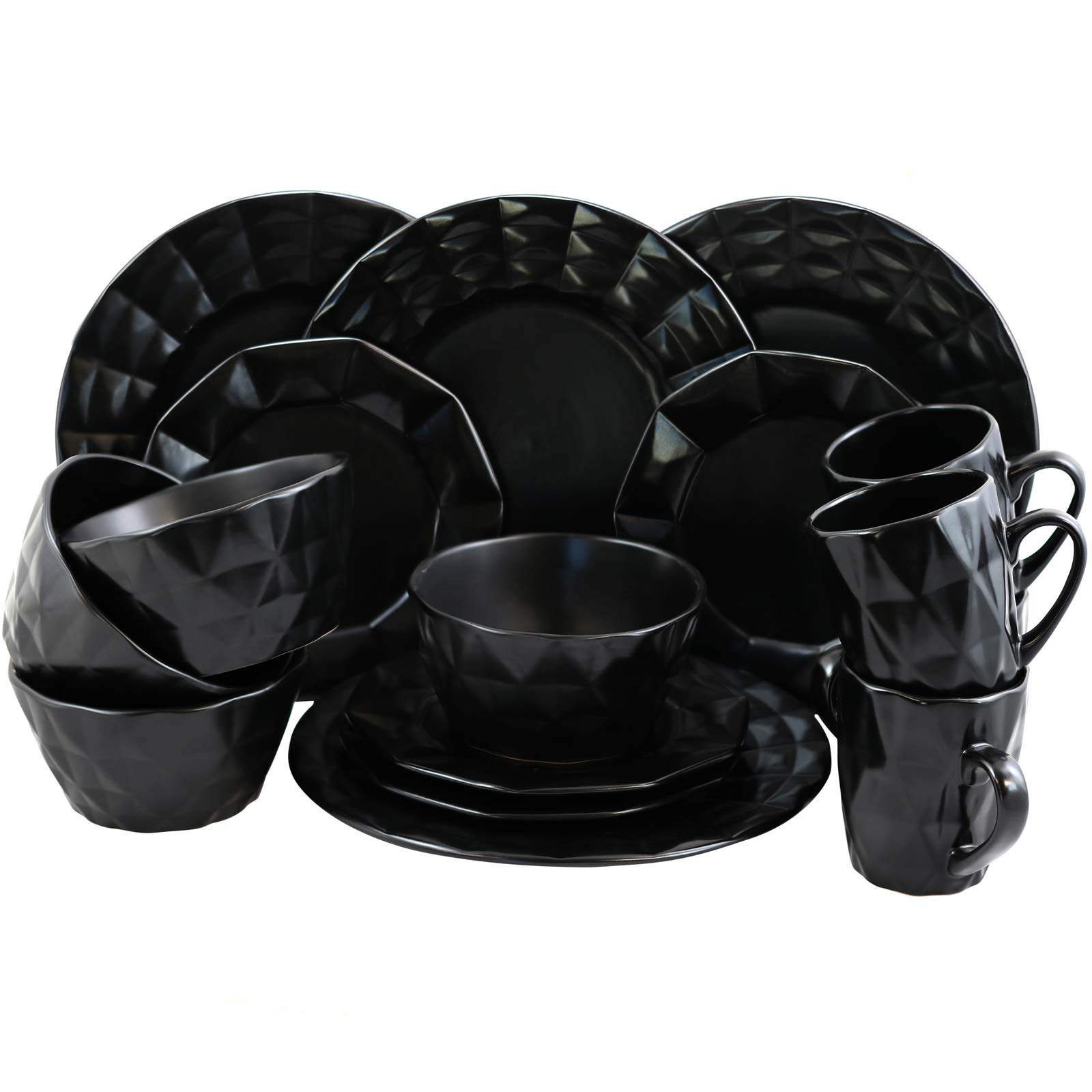 Elama 16-Piece Black Geometric Glazed Stoneware Dinnerware Set - Diamond Cut Design for Modern Dining, Perfect for Everyday Meals & Dinner Parties