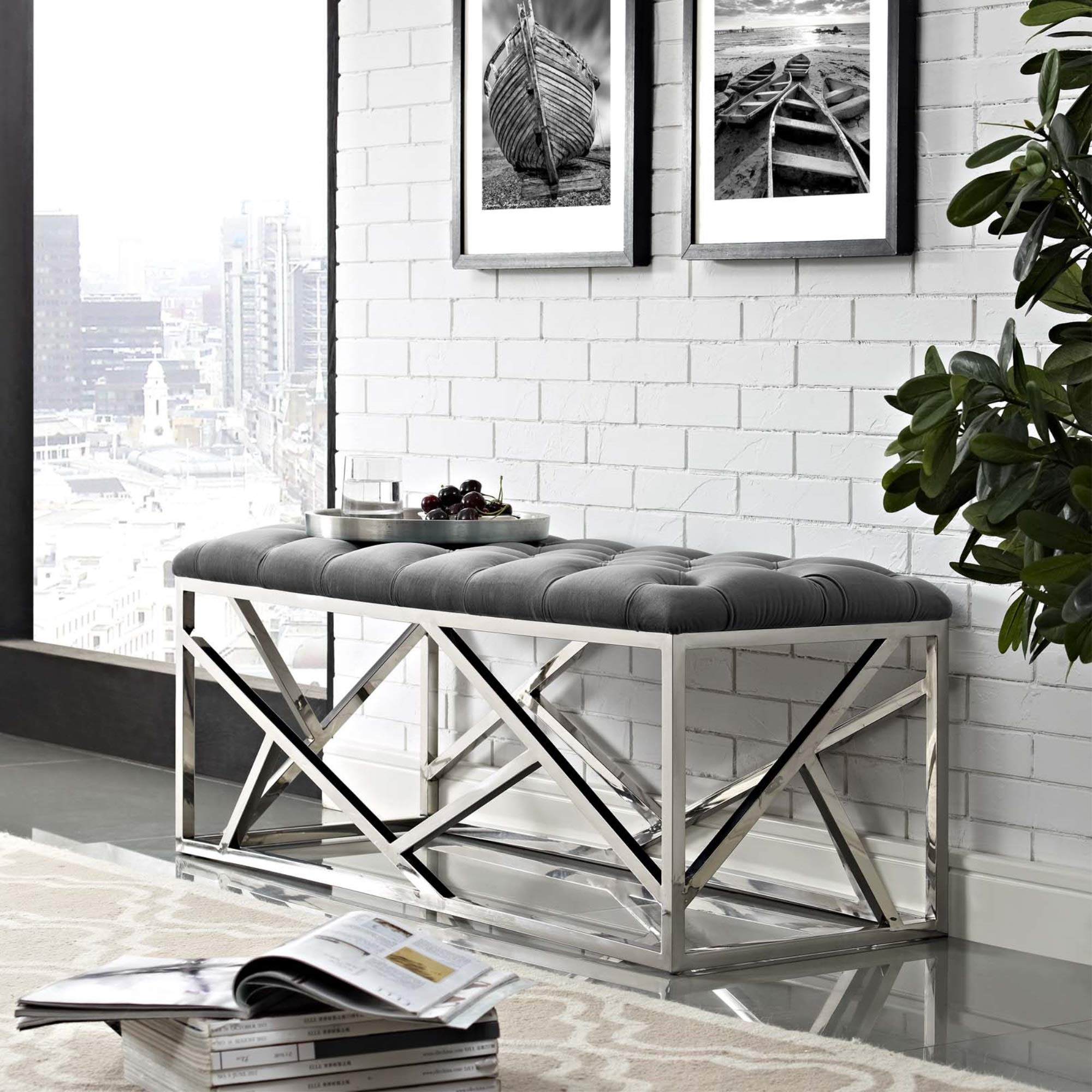 Premium Velvet Tufted Bench with Stainless Steel Base - 331 lbs Weight Capacity, Floor-Friendly Footpads, Ready-to-Use for Living Room, Bedroom & Entryway Decor