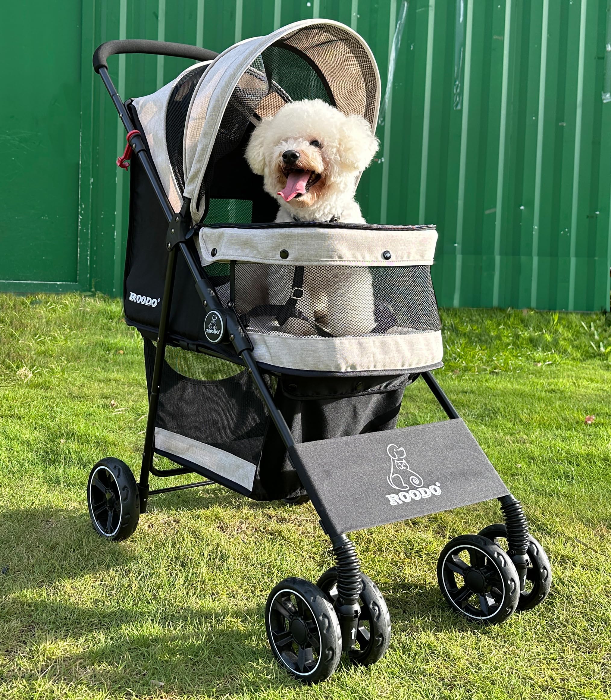 ROODO 4 Wheel All-Terrain Pet Stroller - Lightweight Foldable Compact Travel Jogger for Small/Medium Dogs & Cats up to 30lbs (Light Khaki) | Perfect for Outdoor Walks, Shopping Trips & Vet Visits