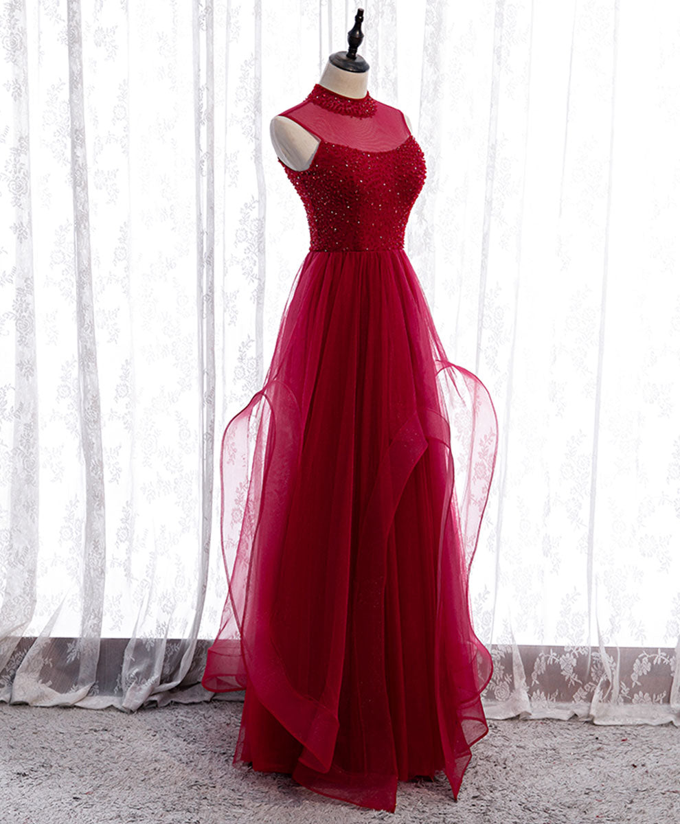 Elegant Burgundy High Neck Tulle Sequin Beaded Long Evening Gown for Women - Perfect for Prom, Gala, Wedding & Formal Events