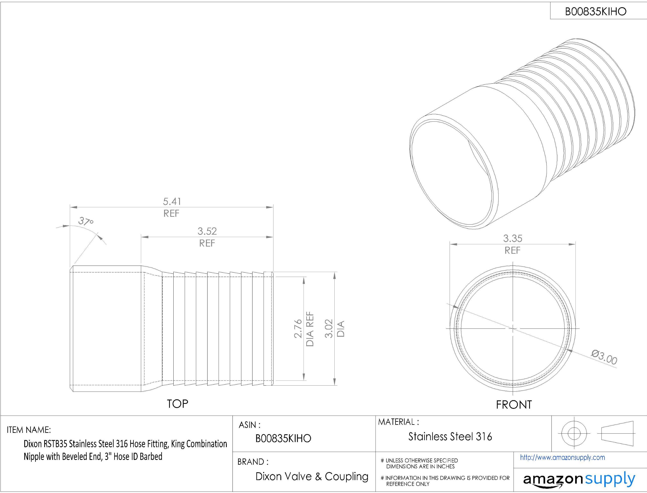Dixon RSTB35 316 Stainless Steel Hose Fitting - 3