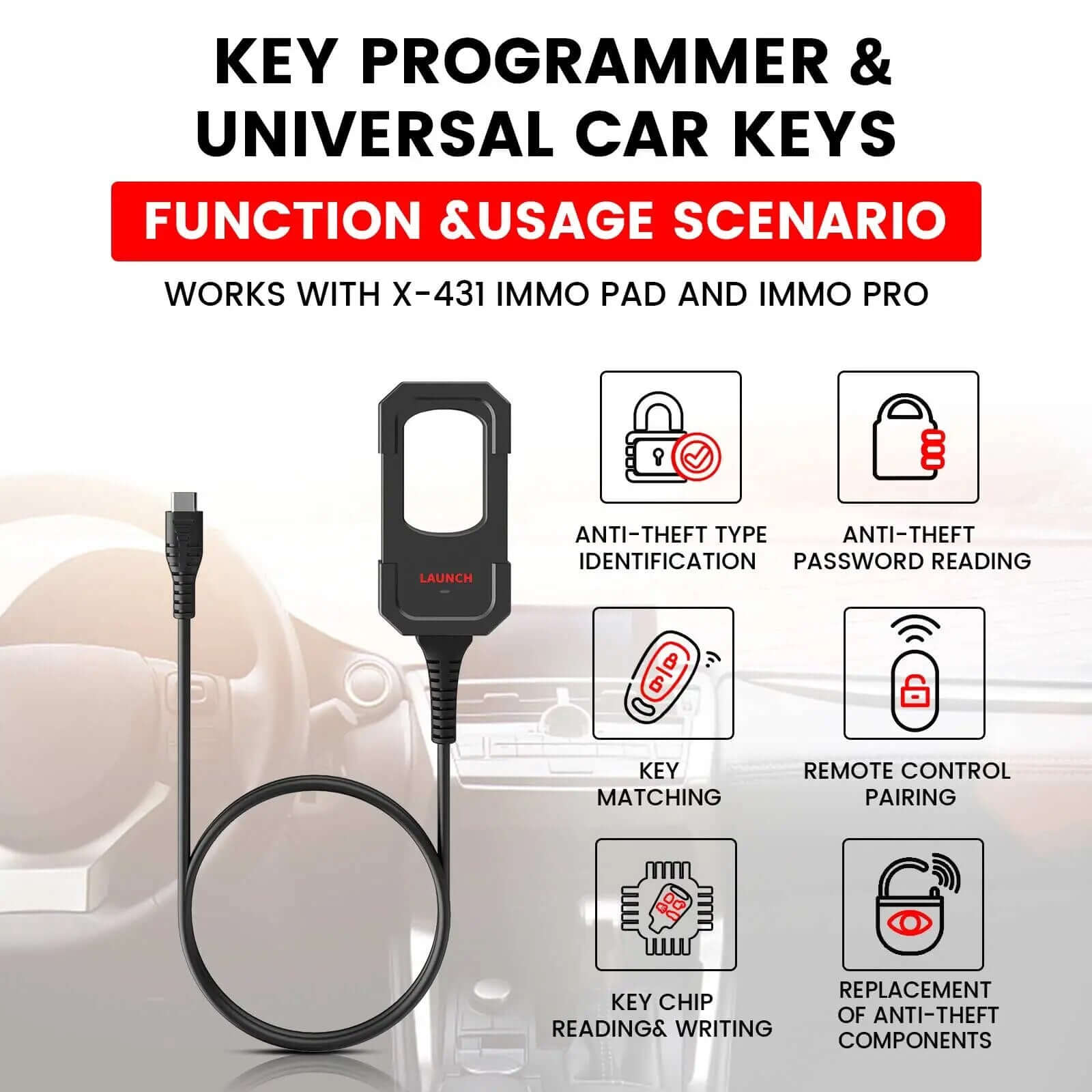 Launch X431 Key Programmer Remote Maker with 4 Universal Remote Keys & Super Chip - Compatible with X431 IMMO Elite/Plus/Pad V | Car Key Programming Tool for Locksmiths & Automotive Professionals