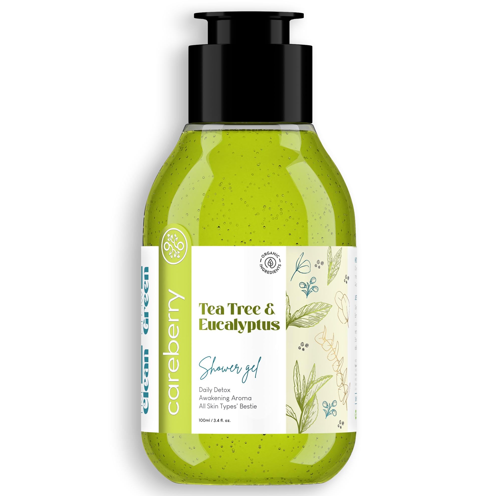Careberry Organic Tea Tree & Eucalyptus Oil Shower Gel - Ayurvedic Ayush Certified, Paraben & Sulfate Free, 100ml | Daily Detox & Refreshing Shower Experience for Healthy Skin