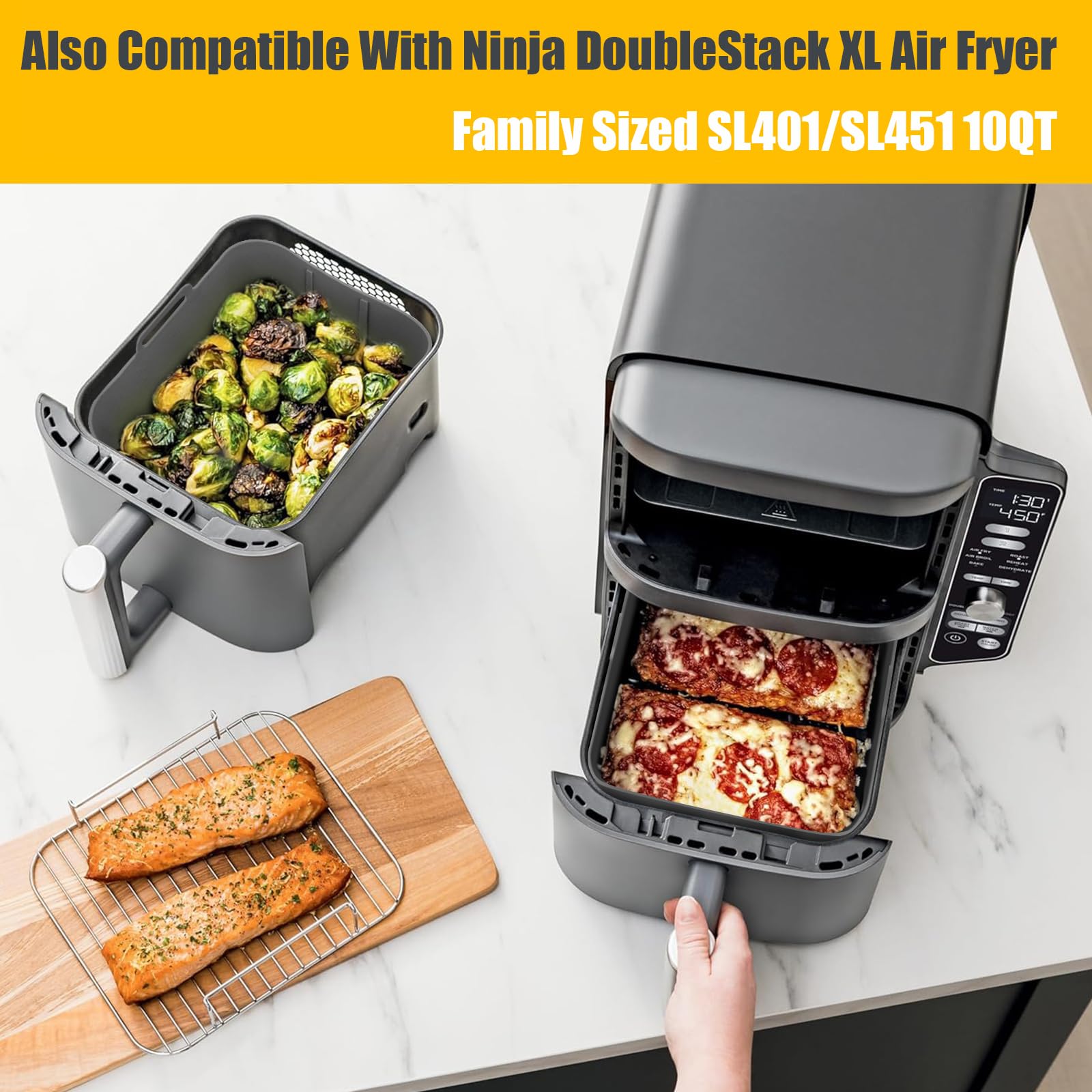 Ninja Dual Zone Air Fryer Silicone Liners 10QT - Reusable Food-Grade Accessories for DZ401/DZ550/DZ302, Ninja DoubleStack XL SL401/SL451 & Cosori 9QT 8-in-1 Dual Air Fryer - Perfect for Healthy Cooking, Baking & Frying - Gray