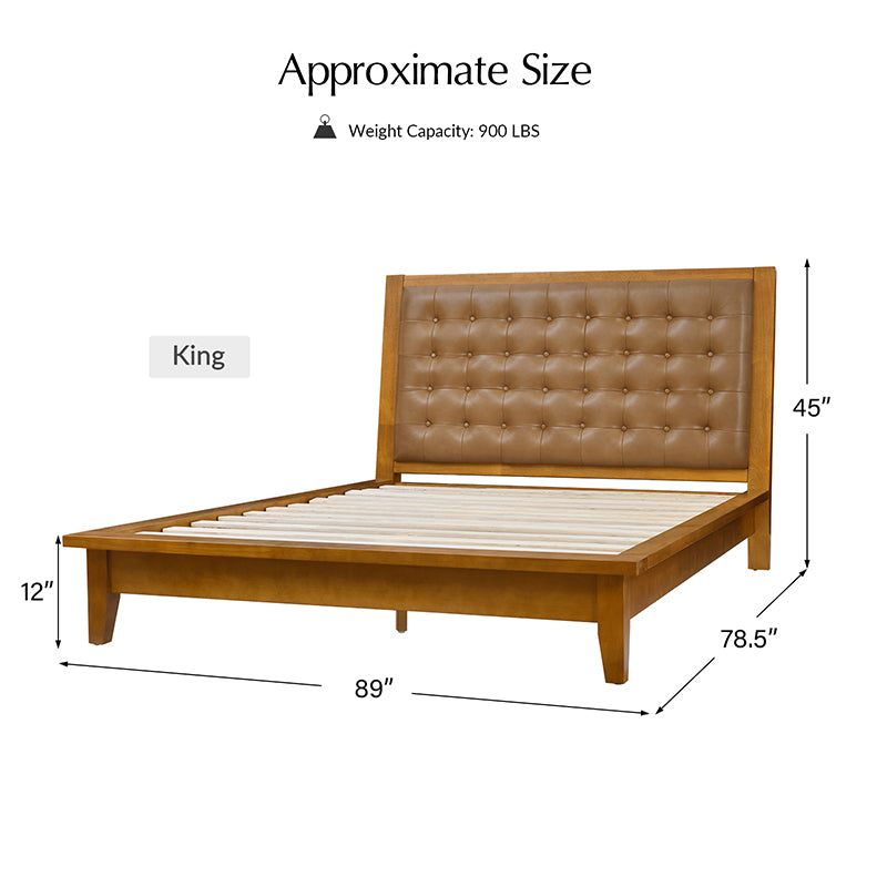 Genuine Leather & Solid Wood Platform Bed with USB Charging Ports - Modern King/Queen Size Bed Frame for Bedroom, Guest Room, or Dorm