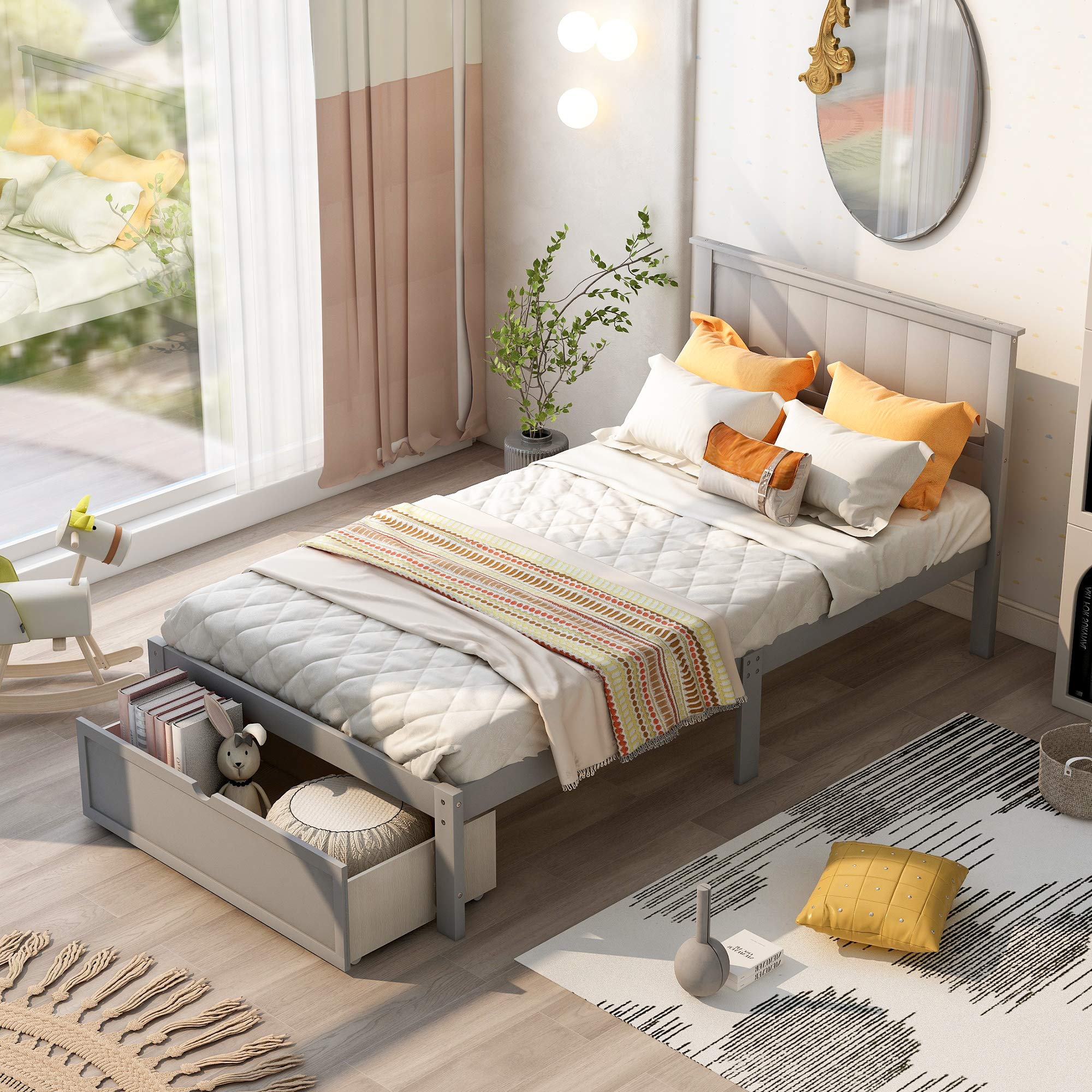 P PURLOVE Twin Size Wooden Platform Bed Frame with Under-Bed Storage Drawer & Slat Support - Space-Saving Gray Bed for Small Bedrooms, Guest Rooms & Dorm Rooms