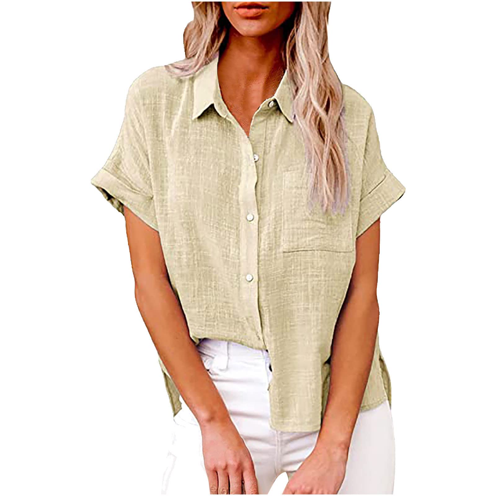 Fridja Women's Linen Button Down Shirt with Pockets - V Neck Blouse, Short Roll Sleeve Casual Work Top - Plus Size & Regular Sizes - Perfect for Office, Travel and Summer Outfits